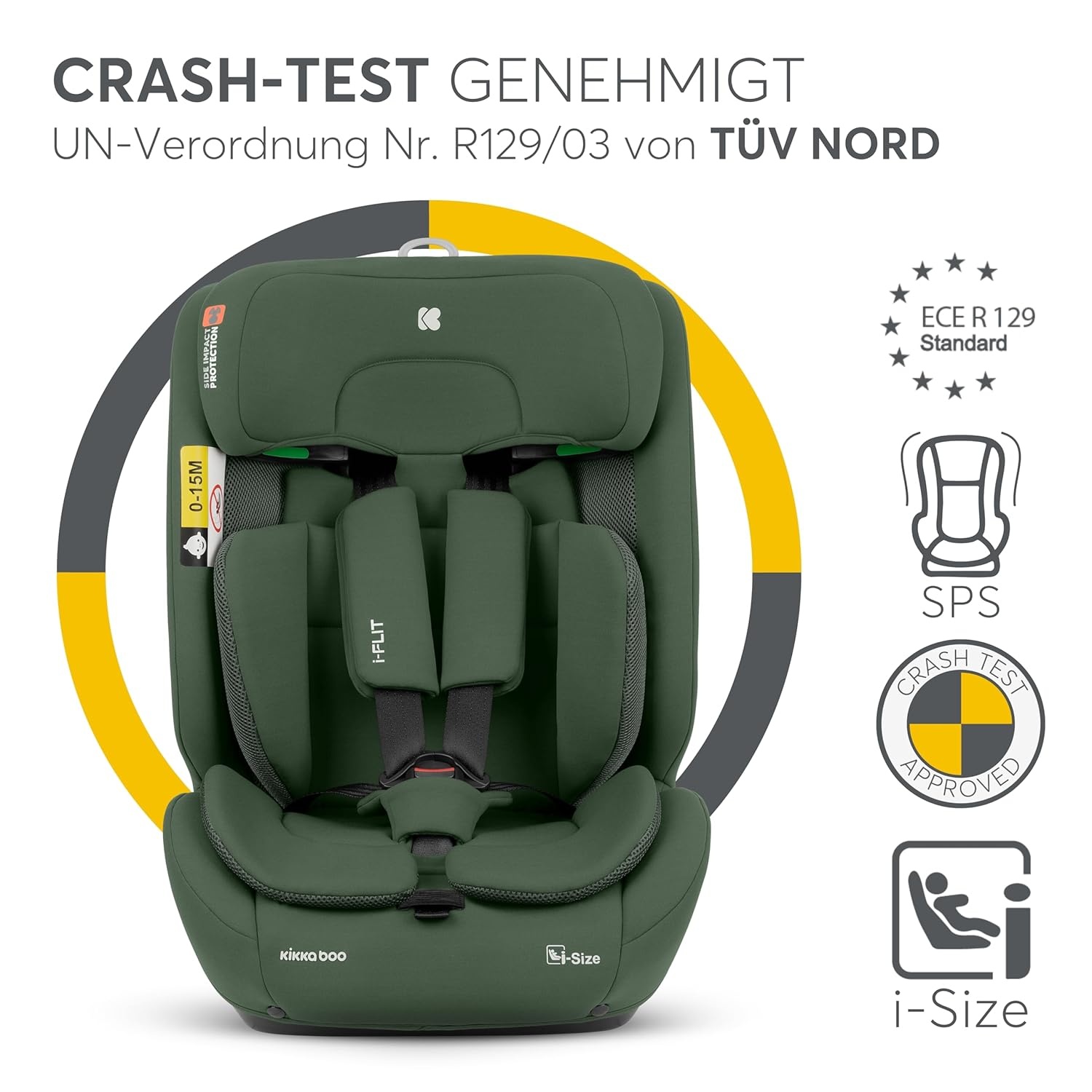 KikkaBoo i-Size i-FLIT Autostoeltje 76-150 cm - Militairgroen