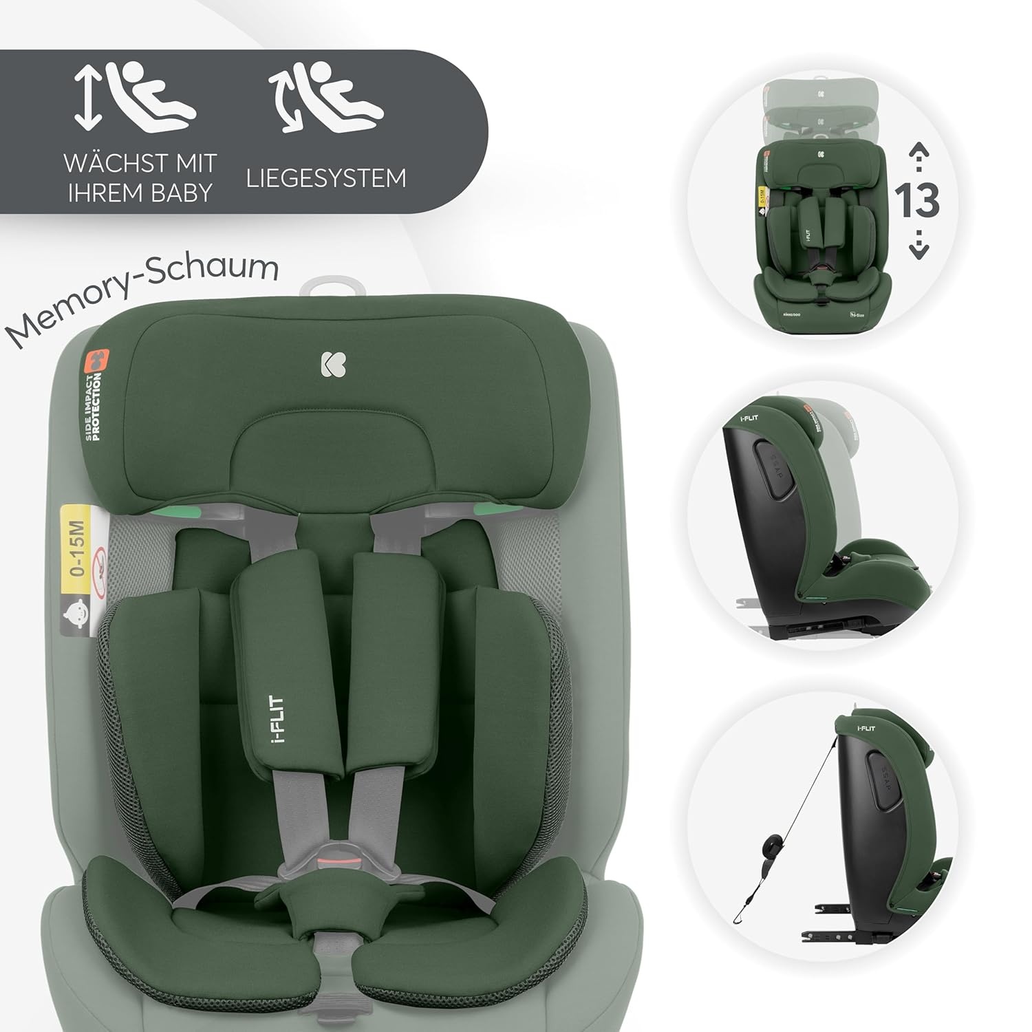 KikkaBoo i-Size i-FLIT Autostoeltje 76-150 cm - Militairgroen
