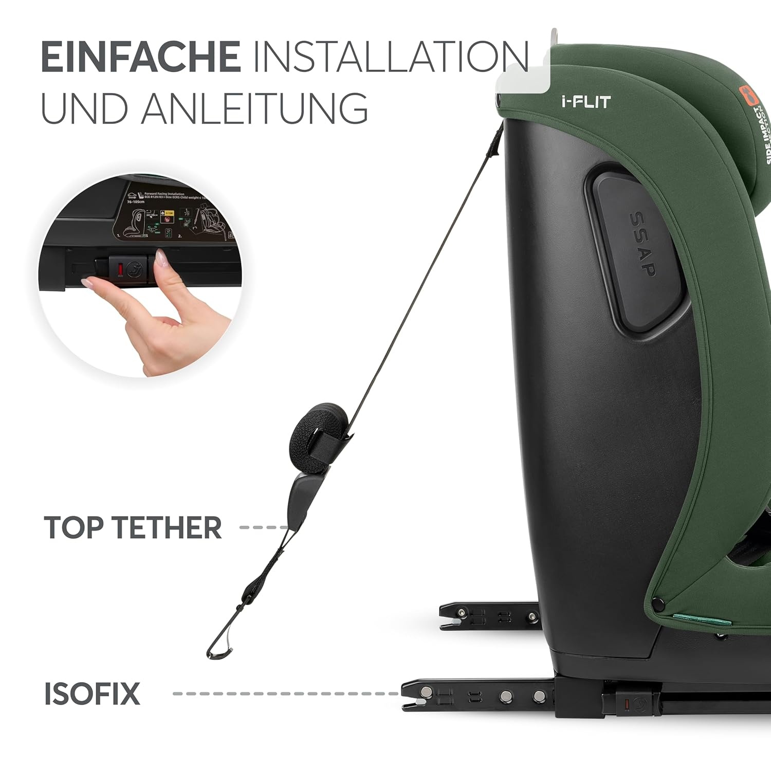 KikkaBoo i-Size i-FLIT Autostoeltje 76-150 cm - Militairgroen