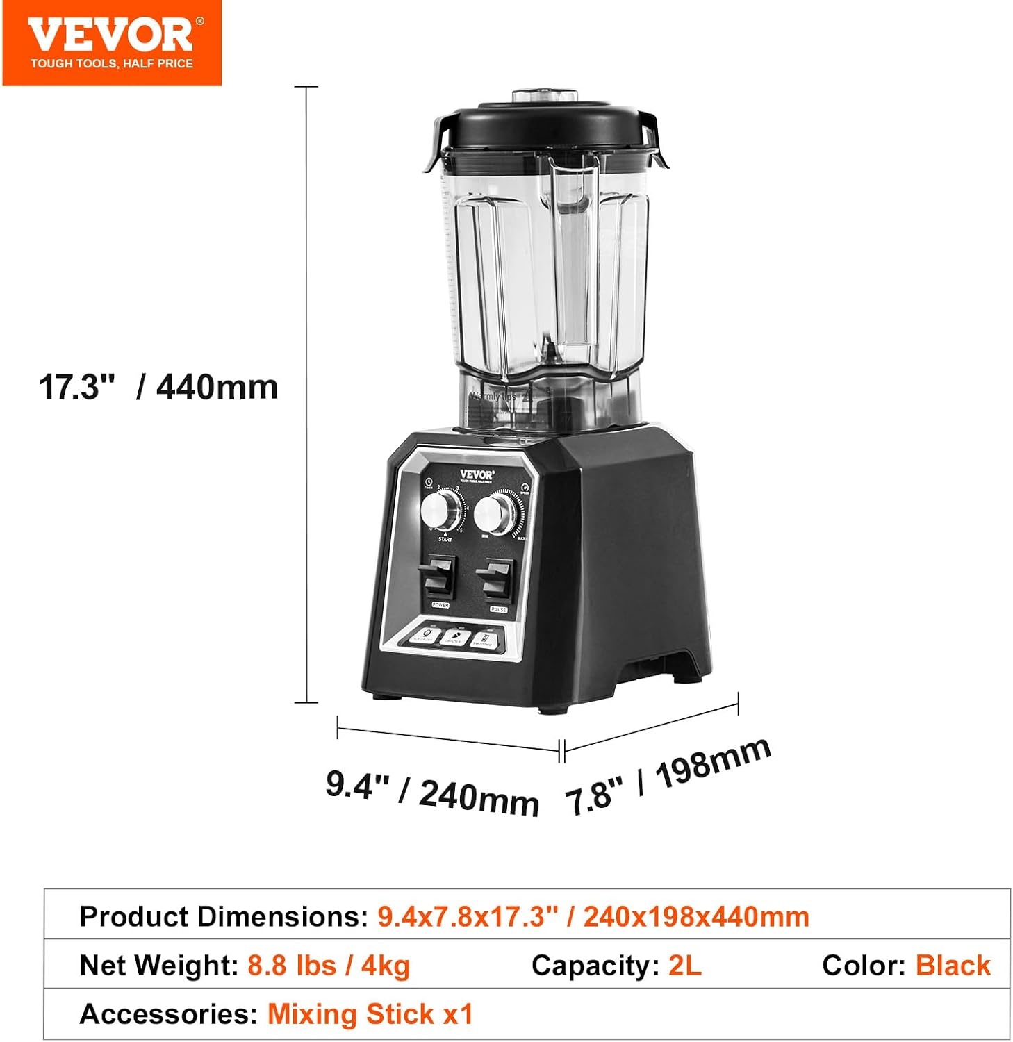 Krachtige 2200W Blender Zwart | 2L | 6 RVS Messen | Bespaar 29%