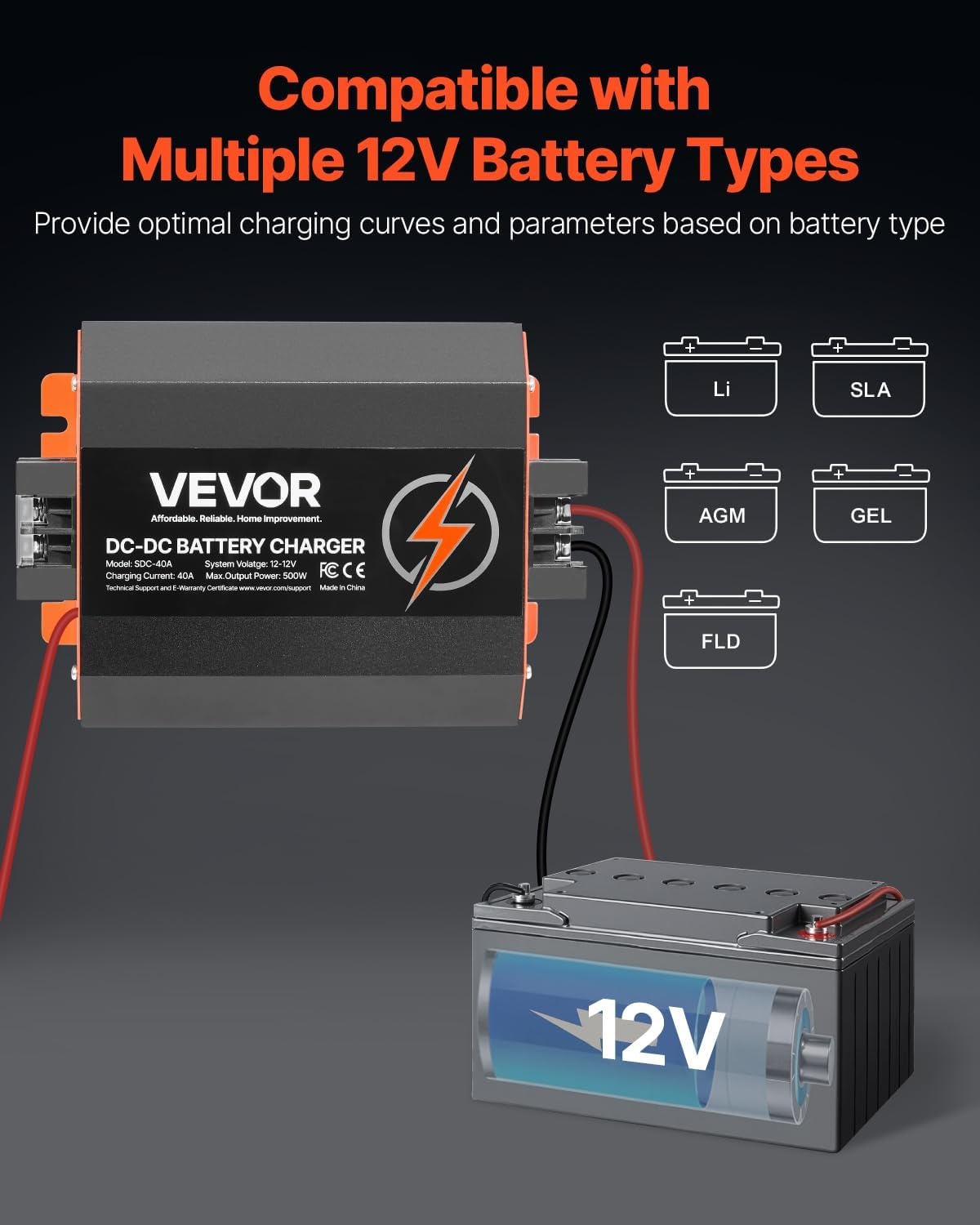 VEVOR DC-naar-DC Acculader 12V 40A - 500W Zwart (34% Korting!)