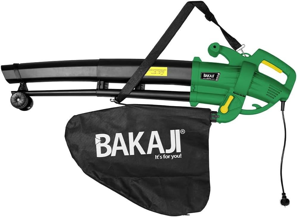 Elektrische bladzuiger voor de tuin, 3-in-1, bladblazer en bladblazer, vermogen 3000 W, met opvangbak 45 l, schouderriem voor onderhoud buiten (met donkergroene draad) - Maat Con Filo Verde Scuro