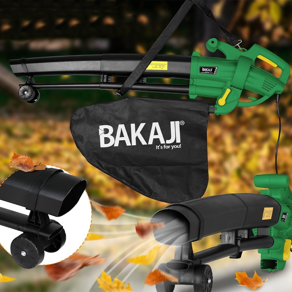 Elektrische bladzuiger voor de tuin, 3-in-1, bladblazer en bladblazer, vermogen 3000 W, met opvangbak 45 l, schouderriem voor onderhoud buiten (met donkergroene draad) - Maat Con Filo Verde Scuro