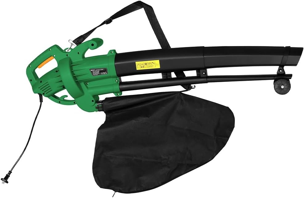 Elektrische bladzuiger voor de tuin, 3-in-1, bladblazer en bladblazer, vermogen 3000 W, met opvangbak 45 l, schouderriem voor onderhoud buiten (met donkergroene draad) - Maat Con Filo Verde Scuro