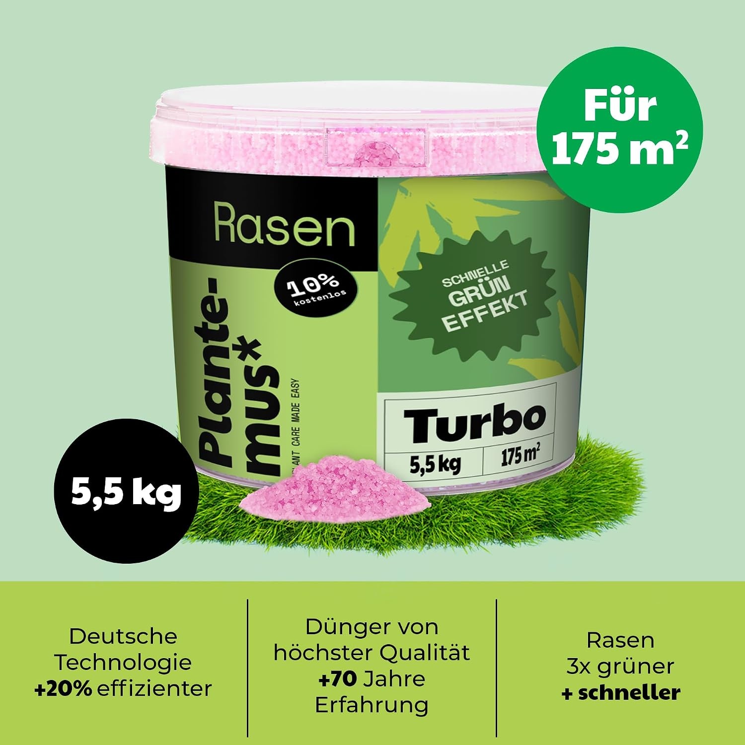 PLANTEMUS Rasendünger Turbo Effekt für 175 m² Ultrasoluble Mikrokristalle | Intensives Grün 7-9 Tage | Stickstoffreich - Deutsche Technologie 5.5 KG
