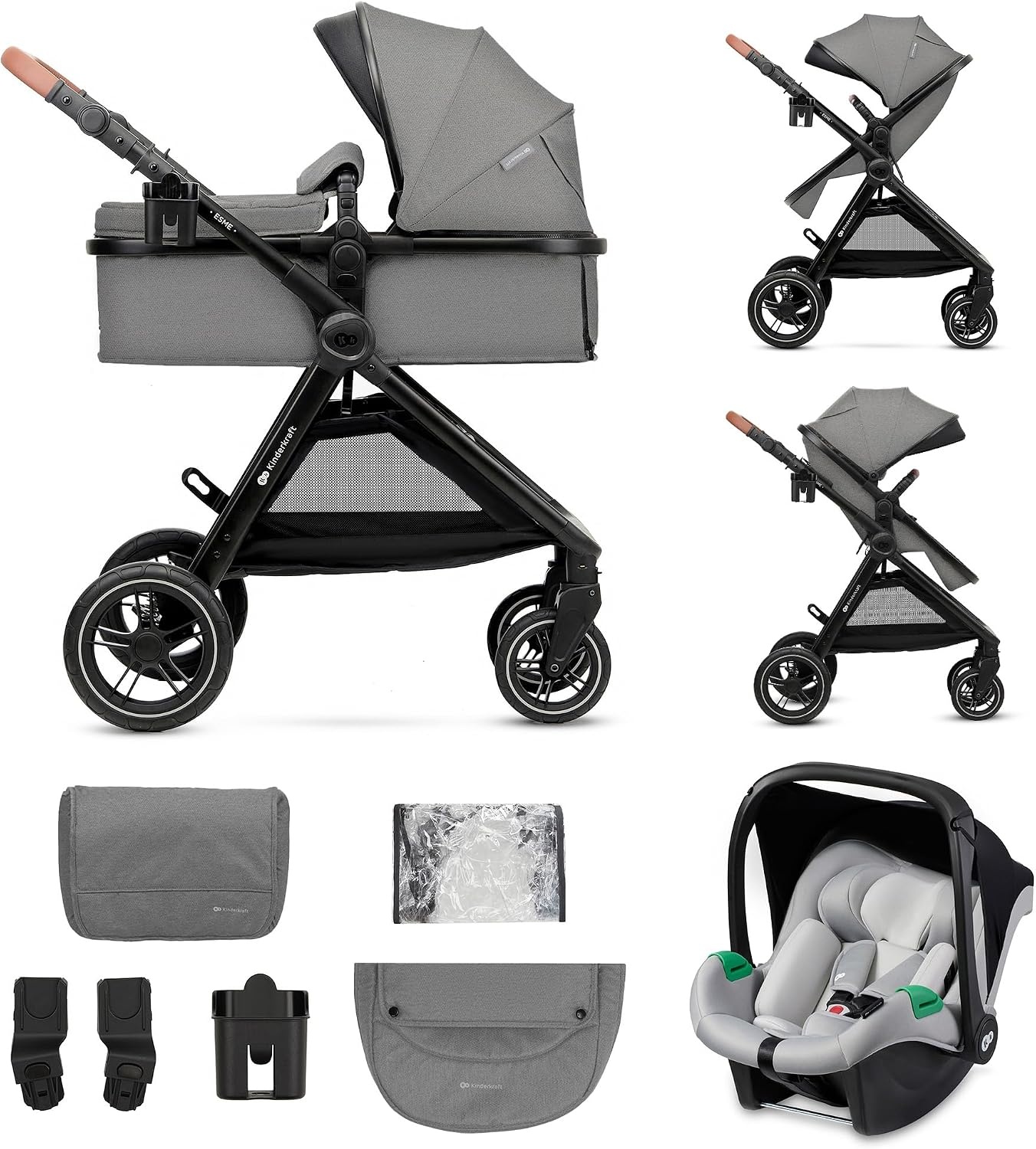 Kinderkraft ESME Mink Pro I-Size 3-in-1 autostoel met draagzak, reissysteem, babybuggy, opvouwbare kinderwagen, voor pasgeborenen tot 4 jaar, grijs