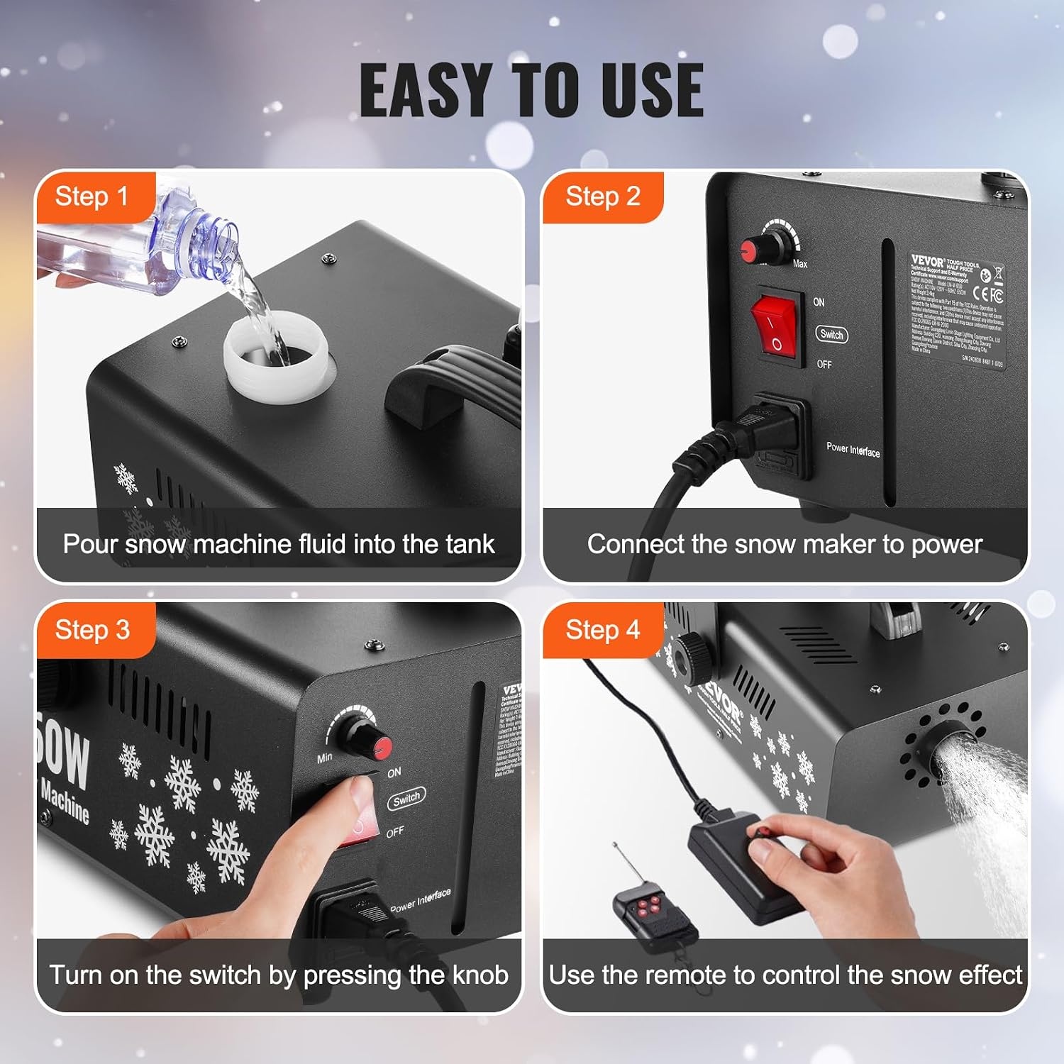 VEVOR Sneeuwmachine, 650 W, hand-/hangmachine, binnen, afstandsbediening, met 1 l, kunstmatig reservoir voor kerstfeest