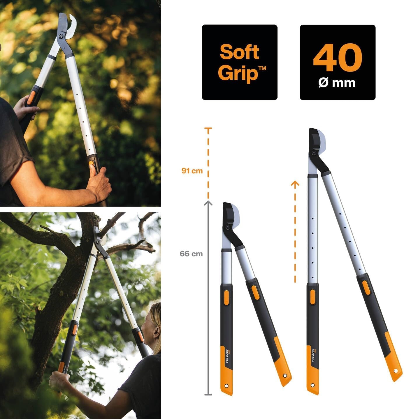 Fiskars Telescopische takkenschaar, bypass-takkenschaar voor jong hout, antikleeflaag, gehard precisiestaal, lengte handgrepen: 66 - 90 cm, zwart/oranje, SmartFit, L86, 1013564