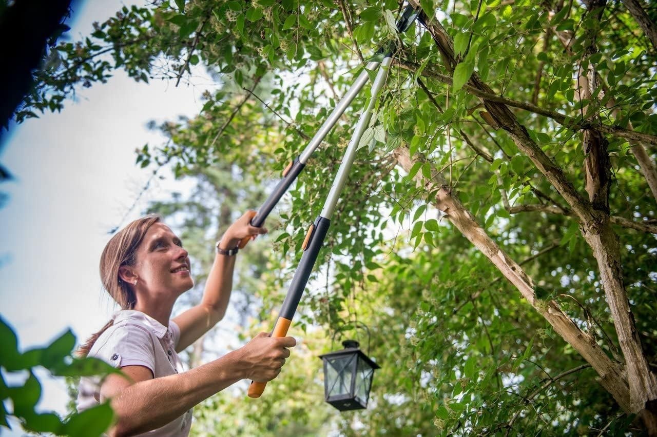 Fiskars Telescopische takkenschaar, bypass-takkenschaar voor jong hout, antikleeflaag, gehard precisiestaal, lengte handgrepen: 66 - 90 cm, zwart/oranje, SmartFit, L86, 1013564