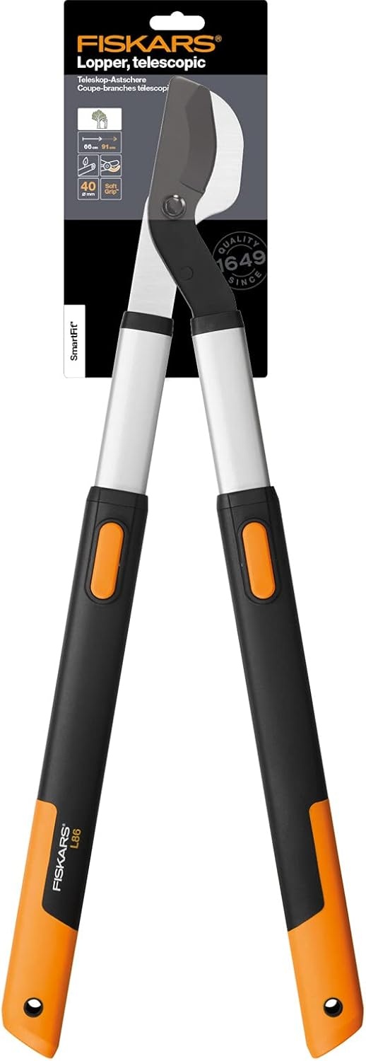 Fiskars Telescopische takkenschaar, bypass-takkenschaar voor jong hout, antikleeflaag, gehard precisiestaal, lengte handgrepen: 66 - 90 cm, zwart/oranje, SmartFit, L86, 1013564
