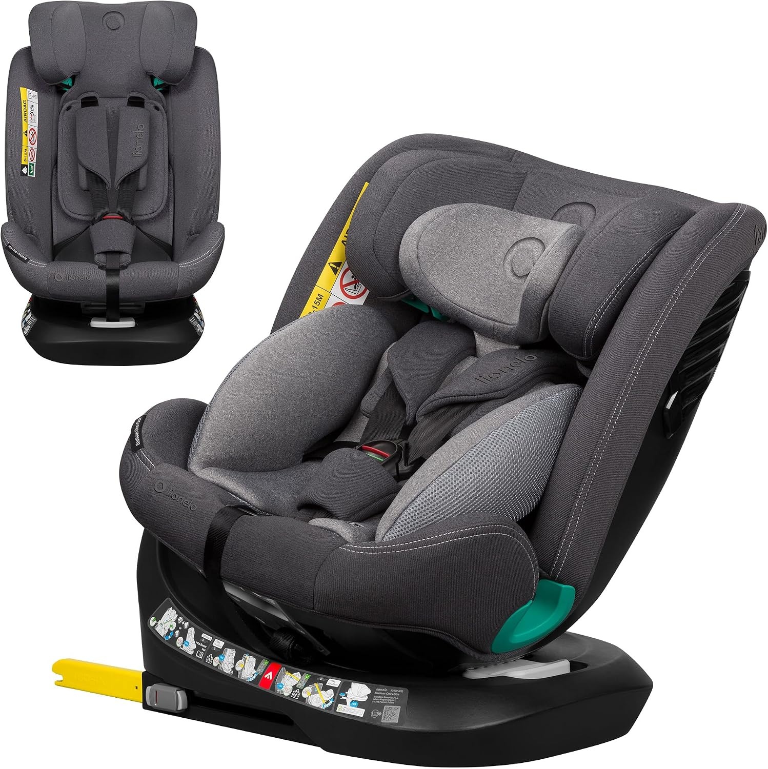 LIONELO Bastiaan One i-Size Car Seat 360° Rotatable - Group 0/1/2/3 0-12 years (40-150cm) - RWF & FWF - ISOFIX + Top Tether - 4 Reclining positions - 13-position Headrest - Growing Child seat - Grey