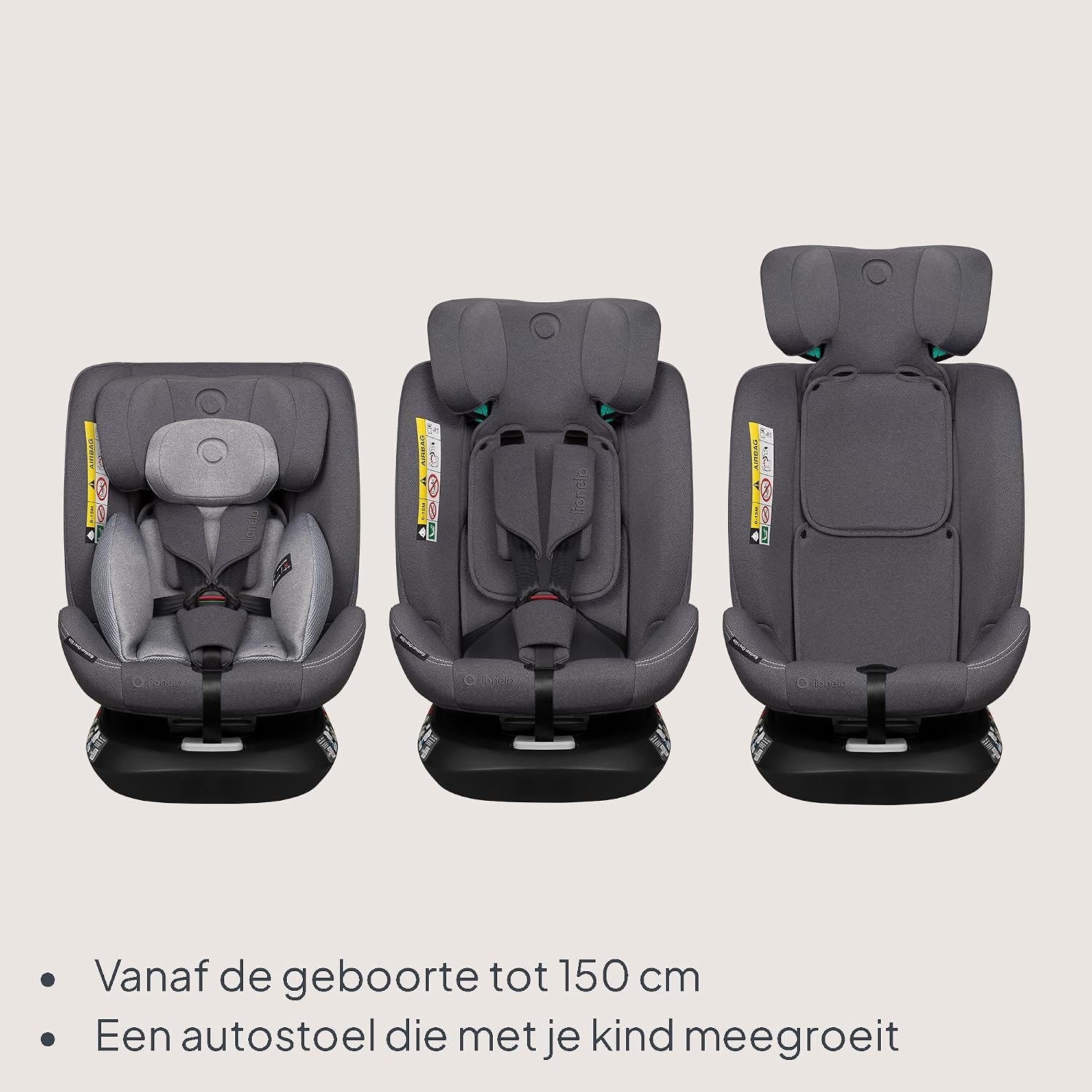 LIONELO Bastiaan One i-Size Car Seat 360° Rotatable - Group 0/1/2/3 0-12 years (40-150cm) - RWF & FWF - ISOFIX + Top Tether - 4 Reclining positions - 13-position Headrest - Growing Child seat - Grey