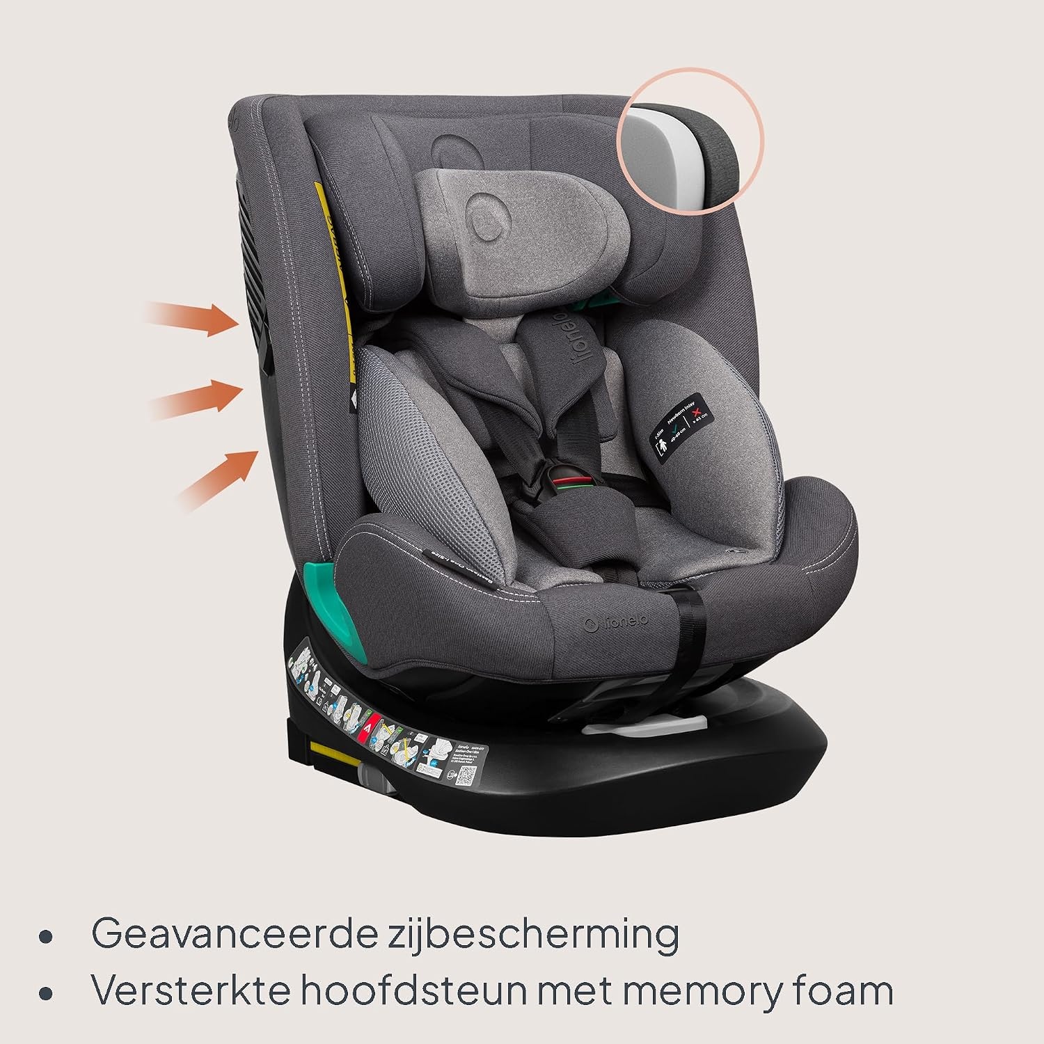 LIONELO Bastiaan One i-Size Car Seat 360° Rotatable - Group 0/1/2/3 0-12 years (40-150cm) - RWF & FWF - ISOFIX + Top Tether - 4 Reclining positions - 13-position Headrest - Growing Child seat - Grey