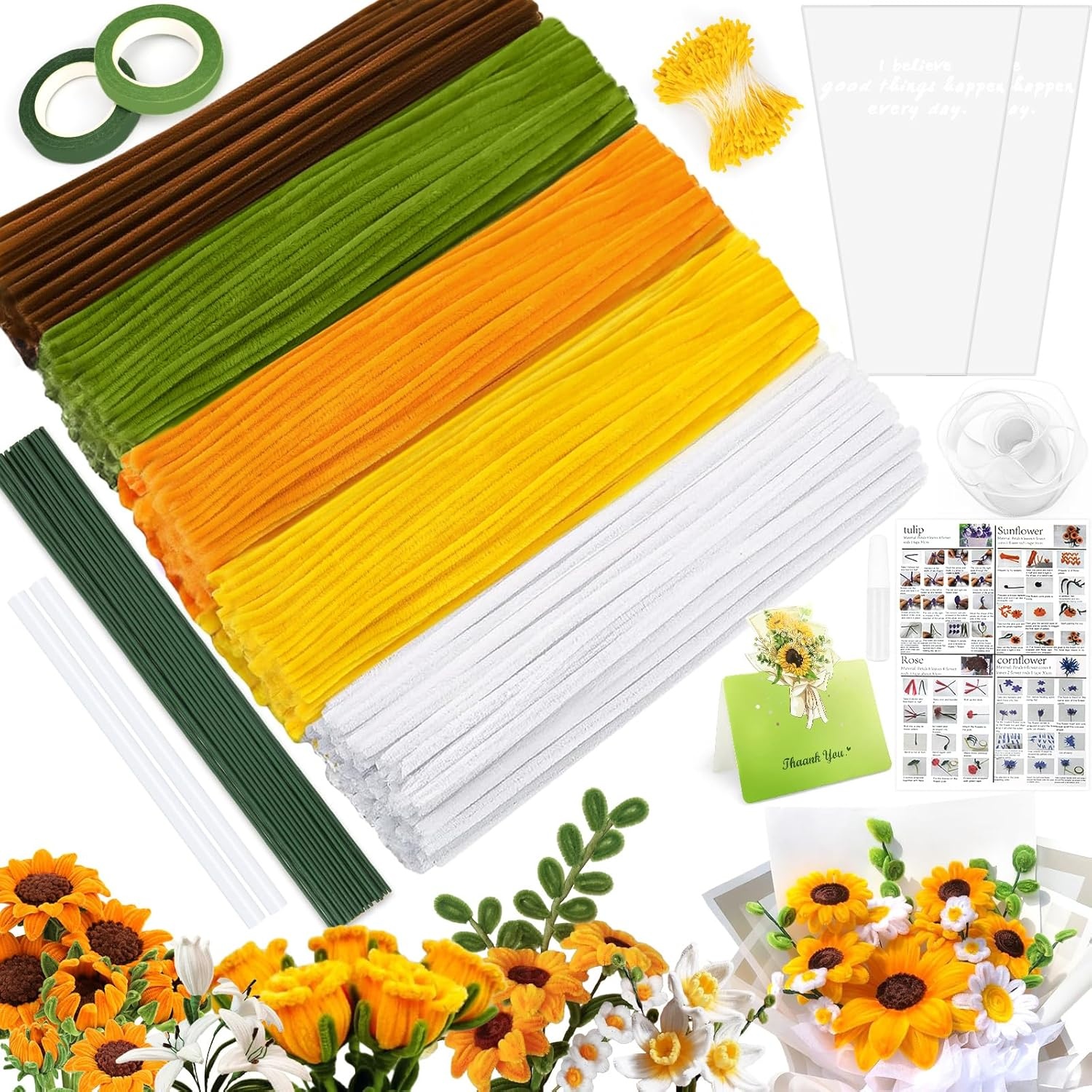 Pijpenrager Bloemenset, Pijpenrager voor knutselwerkjes, Pijpenrager, met 450 Pijpenragers voor het maken van bloemen, 25 bloemdraadjes, 250 meeldraden, cadeaupapier,cadeaulint,lijmstiften etc