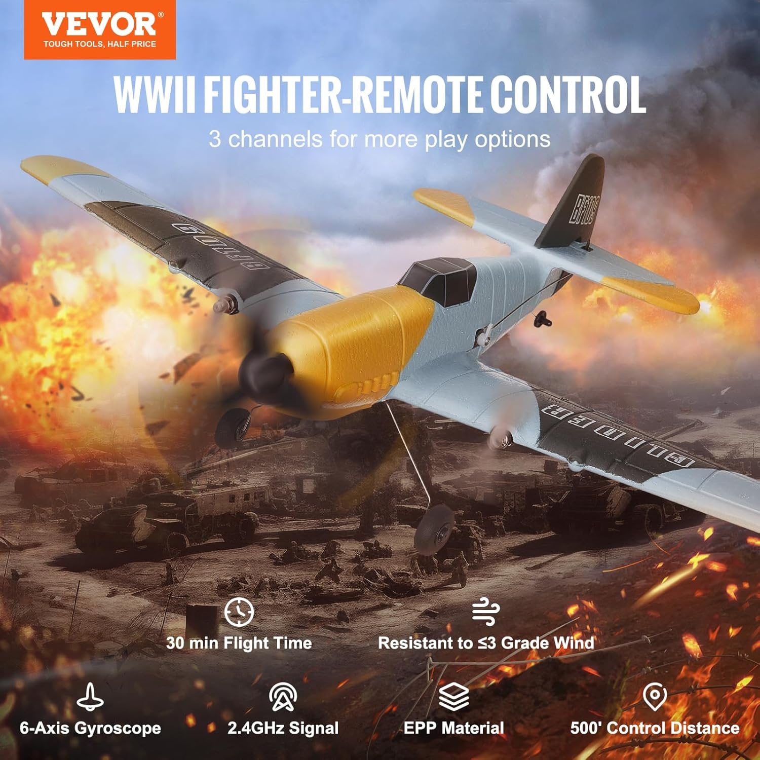 VEVOR RC vliegtuig, 2,4 GHZ 3-kanaals RC vliegtuig met 6-assige gyrostabilisator en 2 batterijen, klaar om te vliegen, BF-109 gevechtsvliegtuig, speelgoed voor volwassenen, kinderen, beginners,