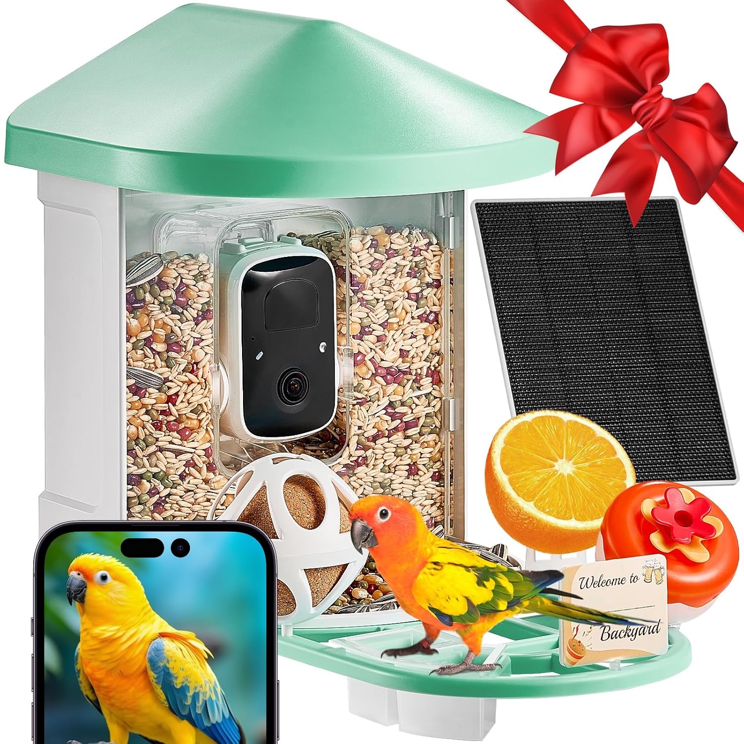 VEVOR Intelligente vogelvoederautomaat met 2K HD KI-camera, vogelidentificatie, extern zonnepaneel, vogelobservatiecamera met automatische detectie en onmiddellijke melding voor buiten, groen