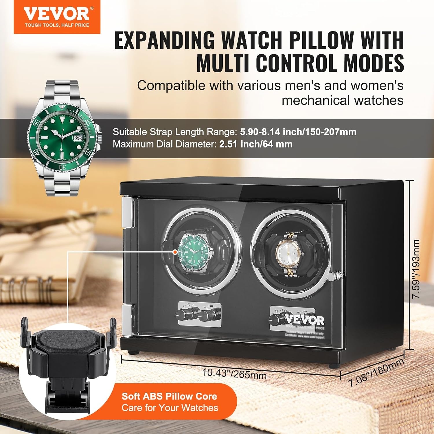 VEVOR Automatische Horloge-opwinder voor 2 Horloges - Zwart - 26,5 cm