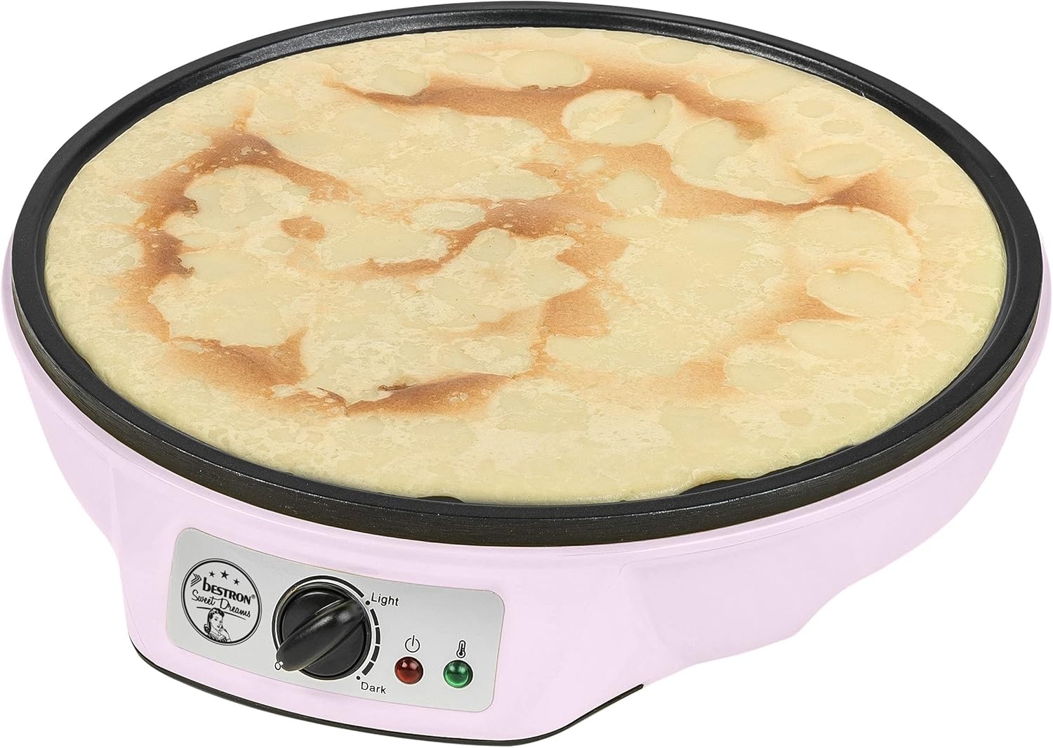 Bestron Crepe Maker voor crêpes met Ø 30cm, pannenkoekenmaker incl. deegverdeler & crêpeskeerder, met antiaanbaklaag & indicatielampje, 1000 Watt, Kleur: roze