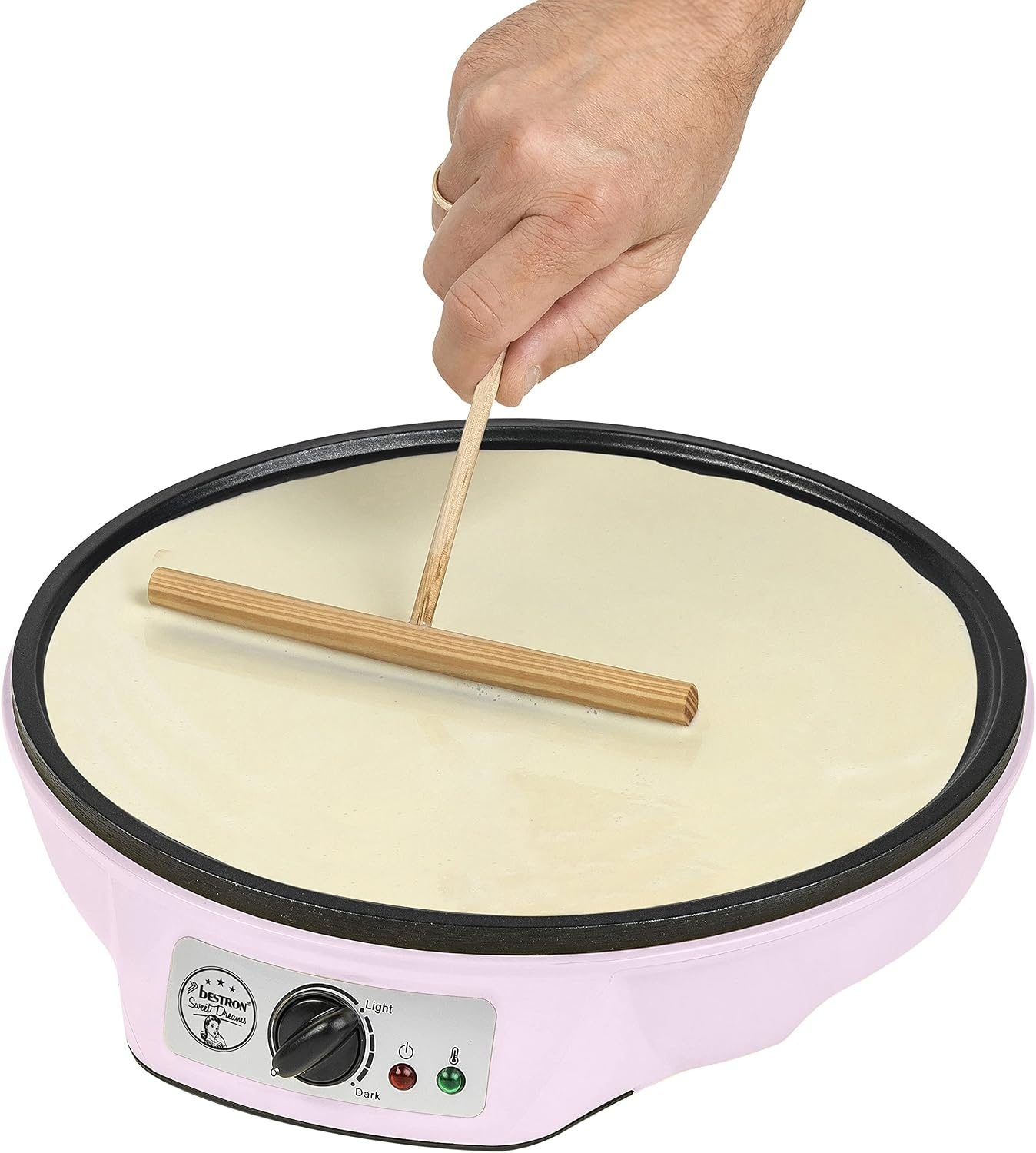 Bestron Crepe Maker voor crêpes met Ø 30cm, pannenkoekenmaker incl. deegverdeler & crêpeskeerder, met antiaanbaklaag & indicatielampje, 1000 Watt, Kleur: roze