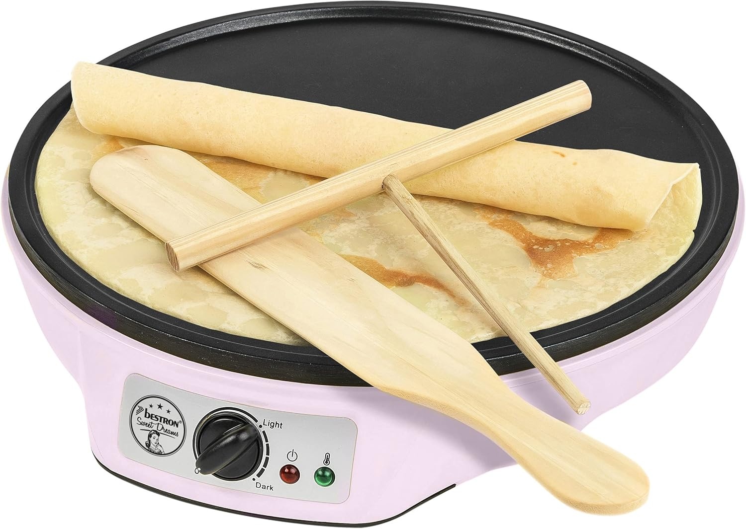 Bestron Crepe Maker voor crêpes met Ø 30cm, pannenkoekenmaker incl. deegverdeler & crêpeskeerder, met antiaanbaklaag & indicatielampje, 1000 Watt, Kleur: roze