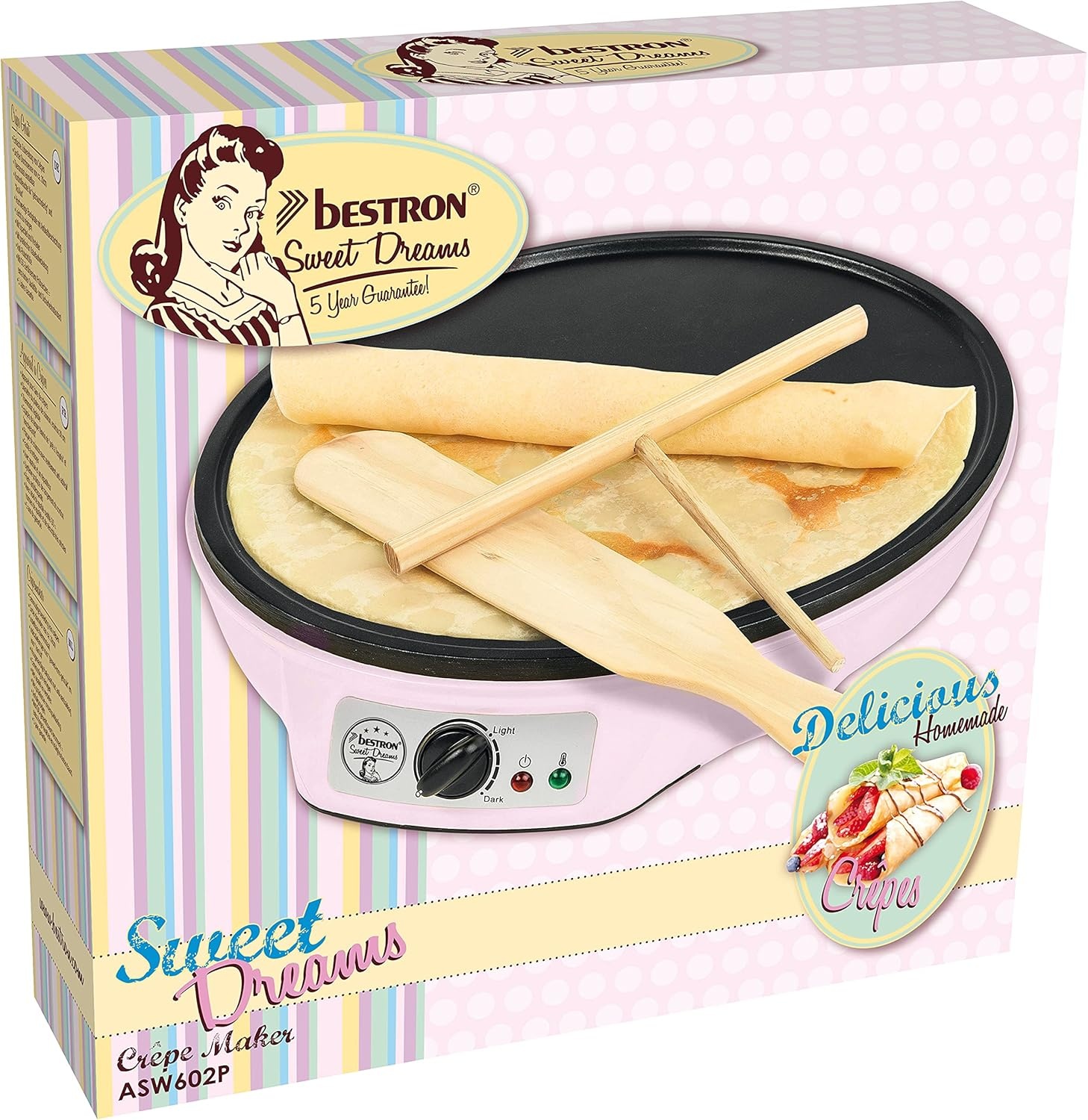 Bestron Crepe Maker voor crêpes met Ø 30cm, pannenkoekenmaker incl. deegverdeler & crêpeskeerder, met antiaanbaklaag & indicatielampje, 1000 Watt, Kleur: roze