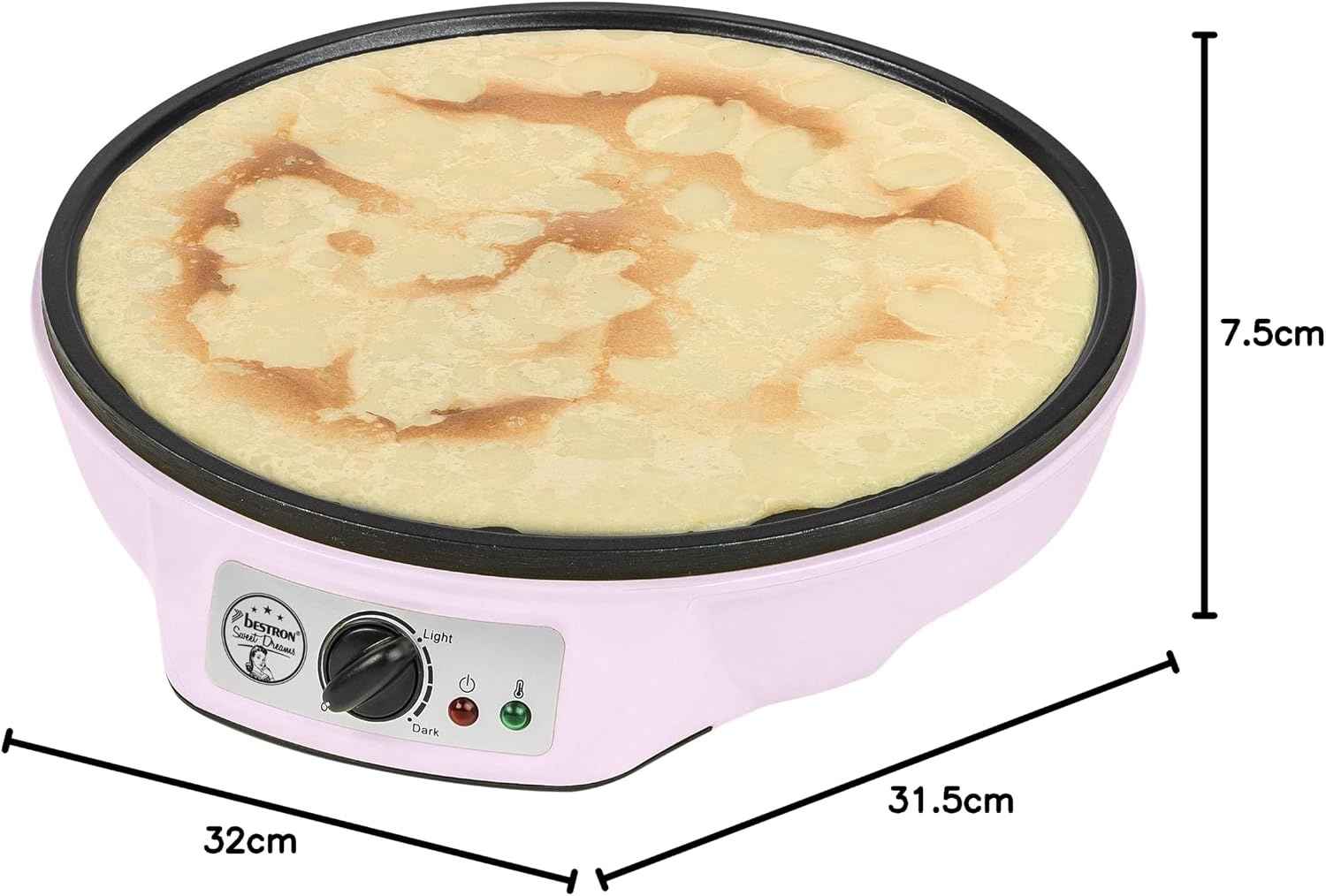 Bestron Crepe Maker voor crêpes met Ø 30cm, pannenkoekenmaker incl. deegverdeler & crêpeskeerder, met antiaanbaklaag & indicatielampje, 1000 Watt, Kleur: roze