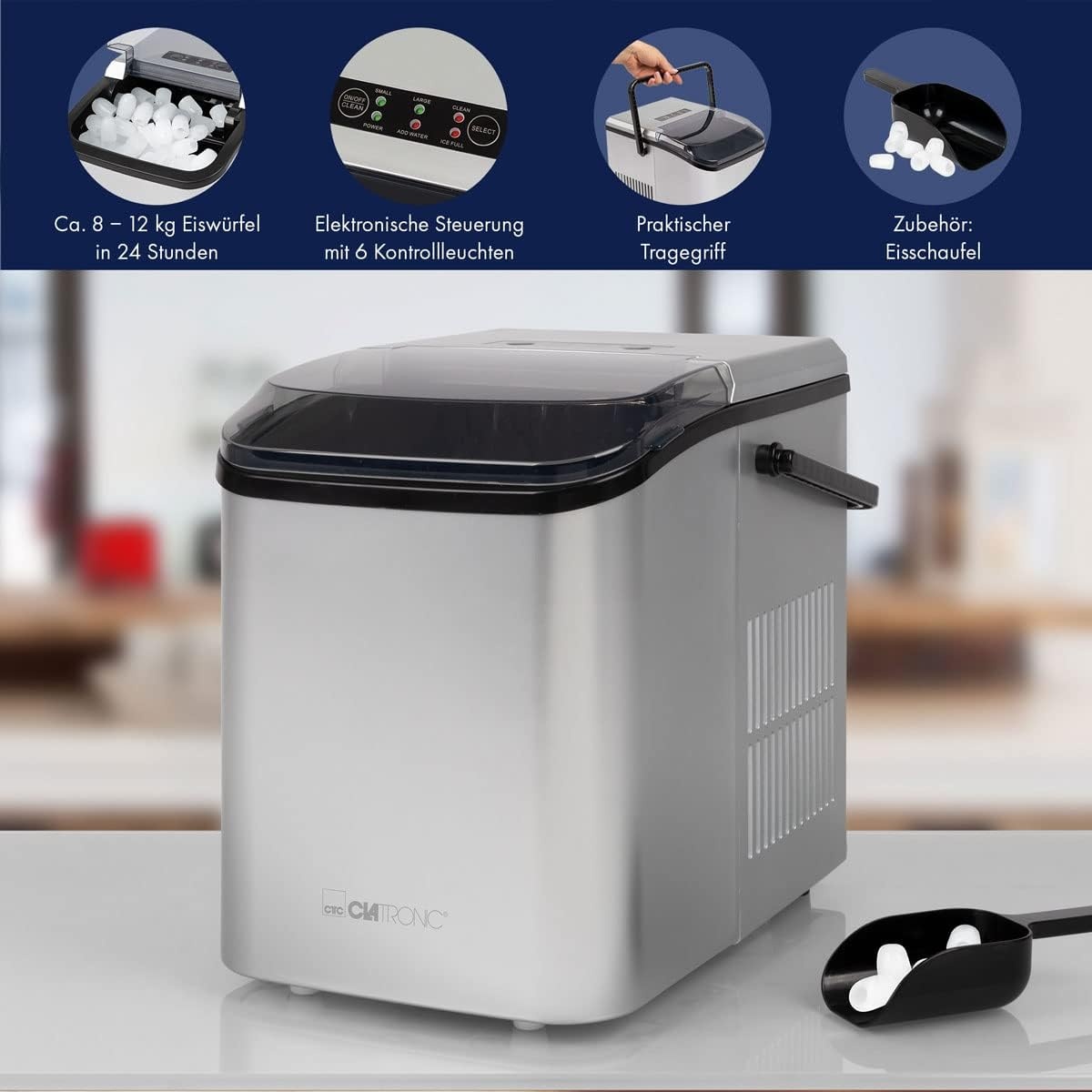 Clatronic IJsblokjesmachine ijsblokjes na 10 minuten zelfreinigend voor grote en kleine blokjes 12 kg/24 uur kleine ijsmaker van 1 5 liter watertank ijsblokjesmaker EWB 3785 zilver