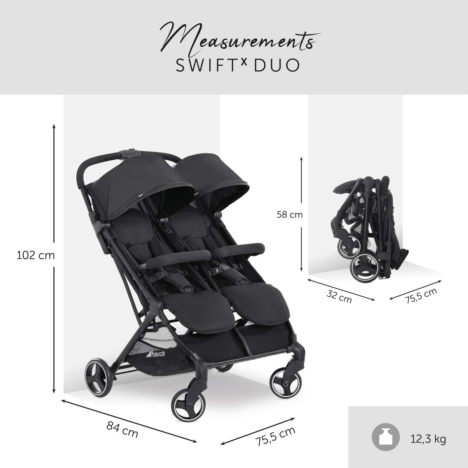 Hauck Swift X Duo tweepersoons kinderwagen, opvouwbaar met verstelbare functie vanaf de geboorte, voor 2 kinderen tot 15 kg per stuk, mand tot 6 kg, lekvrije wielen (zwart)
