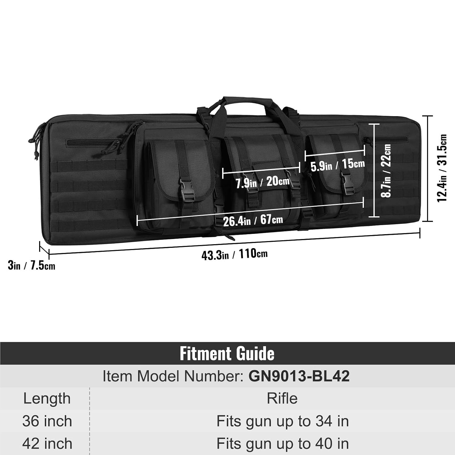 VEVOR Rifle Bag 1 Piece Gun Bag 1016 mm Portable Long Gun Case 2 Rifles & 2 Pistols Hunting Gun Bag Black Gun Bag Waterproof Rifle Case Weapon Bag Including Molle System