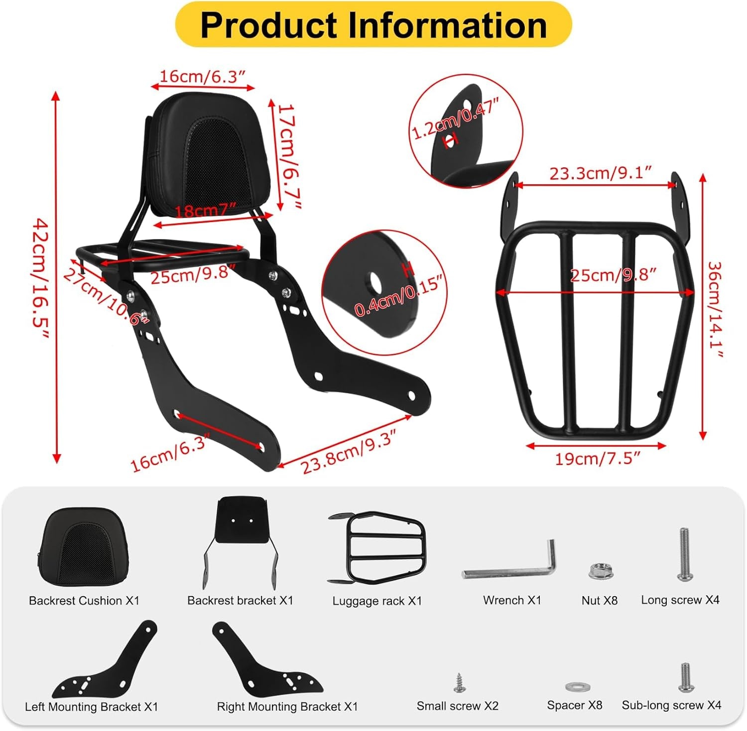 PSLER Sissybar, Rugleuning voor Rebel 1100, Afneembare Sissybar, Rugleuning voor Passagier Motorfiets met Bagagerek, voor Rebel CMX1100, Rebel 1100, DCT, ABS, 2021, 2022, 2023, 2024