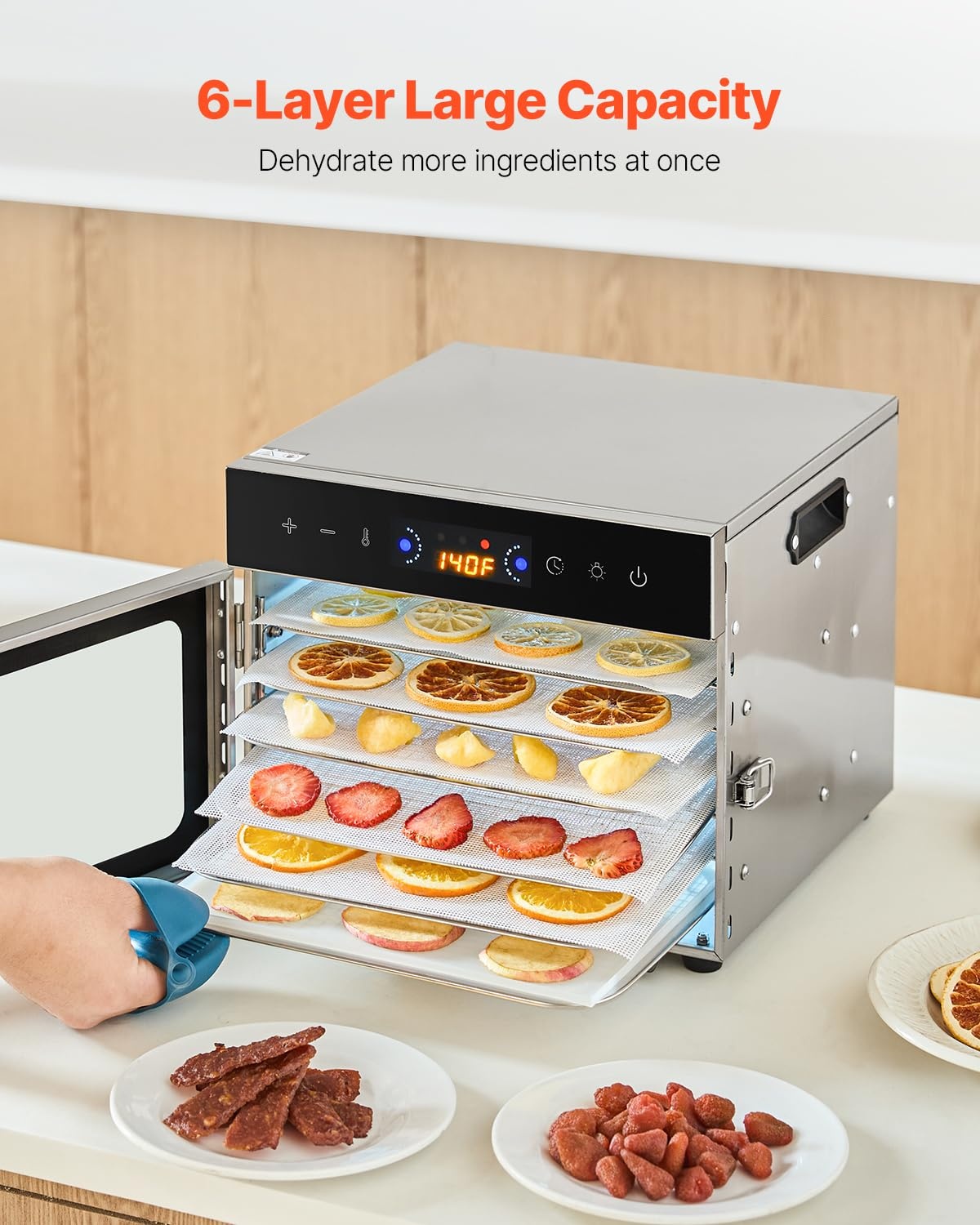 VEVOR Food Dehydrator, 6 Stainless Steel Trays Electric Food Dryer 400W, Adjustable Temperature, 24H Timer, Freeze Dryer for Meat, Fruit, Vegetable, Dog Treats