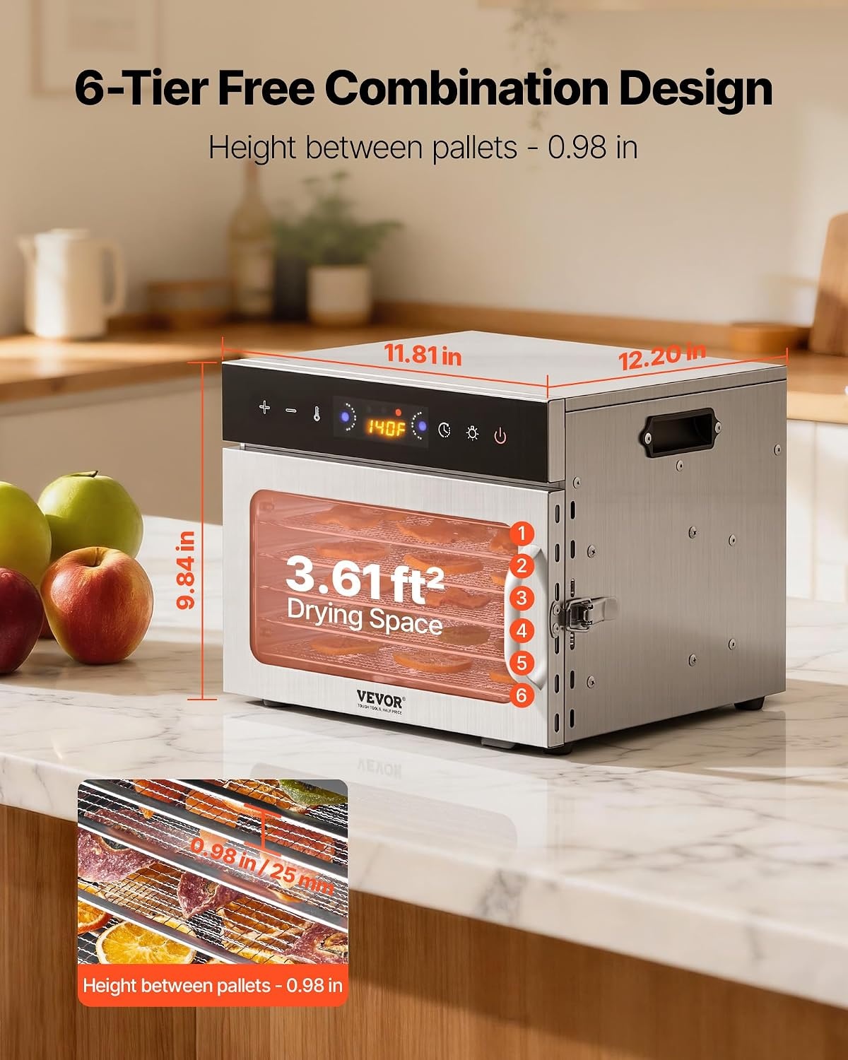 VEVOR Food Dehydrator, 6 Stainless Steel Trays Electric Food Dryer 400W, Adjustable Temperature, 24H Timer, Freeze Dryer for Meat, Fruit, Vegetable, Dog Treats