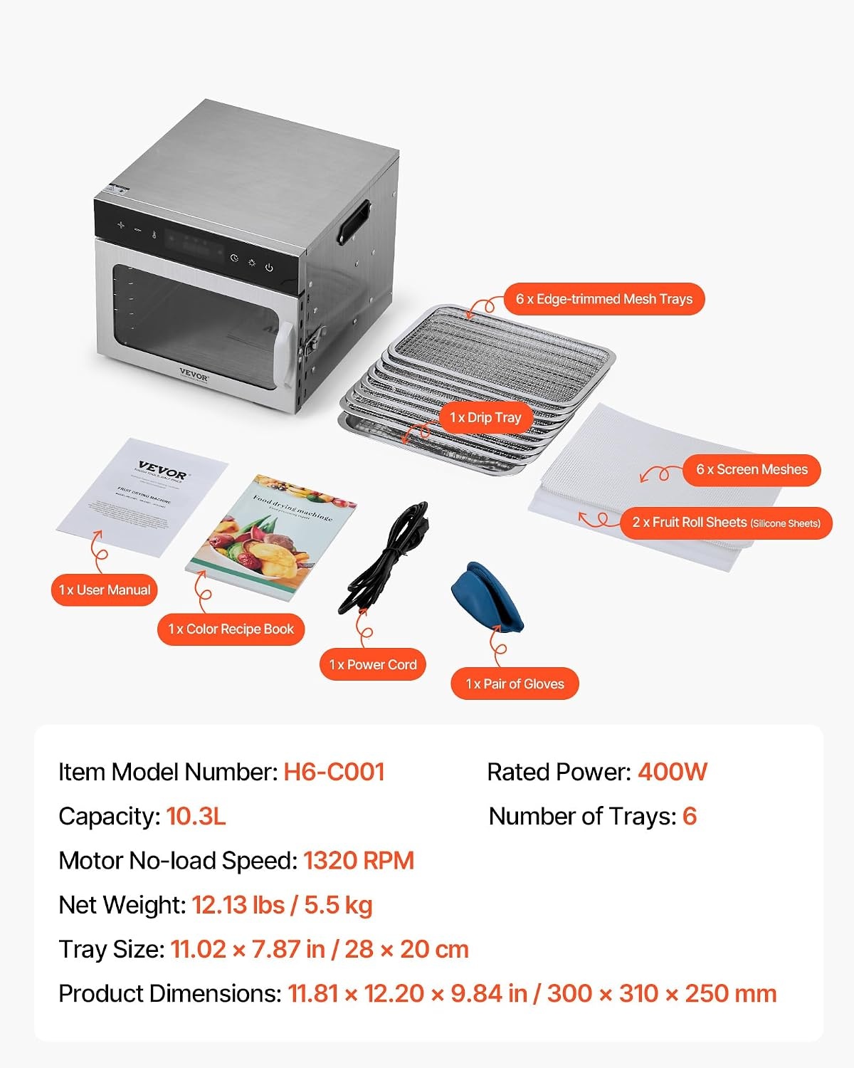 VEVOR Food Dehydrator, 6 Stainless Steel Trays Electric Food Dryer 400W, Adjustable Temperature, 24H Timer, Freeze Dryer for Meat, Fruit, Vegetable, Dog Treats