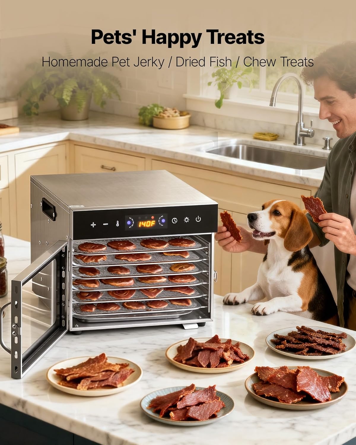 VEVOR Food Dehydrator, 6 Stainless Steel Trays Electric Food Dryer 400W, Adjustable Temperature, 24H Timer, Freeze Dryer for Meat, Fruit, Vegetable, Dog Treats