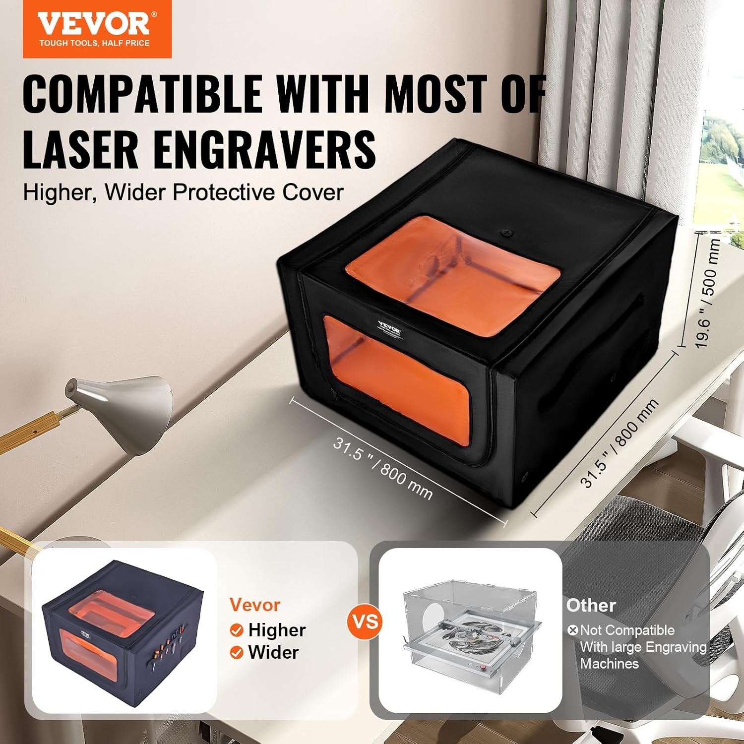 VEVOR Lasergraveermachine behuizing, 80 x 80 x 50 cm, laserbehuizing, zicht in twee richtingen, vlamvertragende en vuurvaste beschermhoes, met afvoerventilator en -buis, isoleert rook, lawaai en