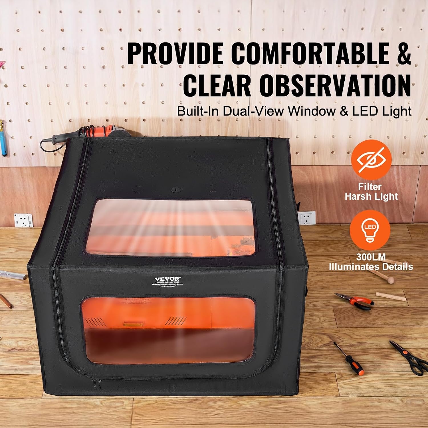 VEVOR Lasergraveermachine behuizing, 80 x 80 x 50 cm, laserbehuizing, zicht in twee richtingen, vlamvertragende en vuurvaste beschermhoes, met afvoerventilator en -buis, isoleert rook, lawaai en