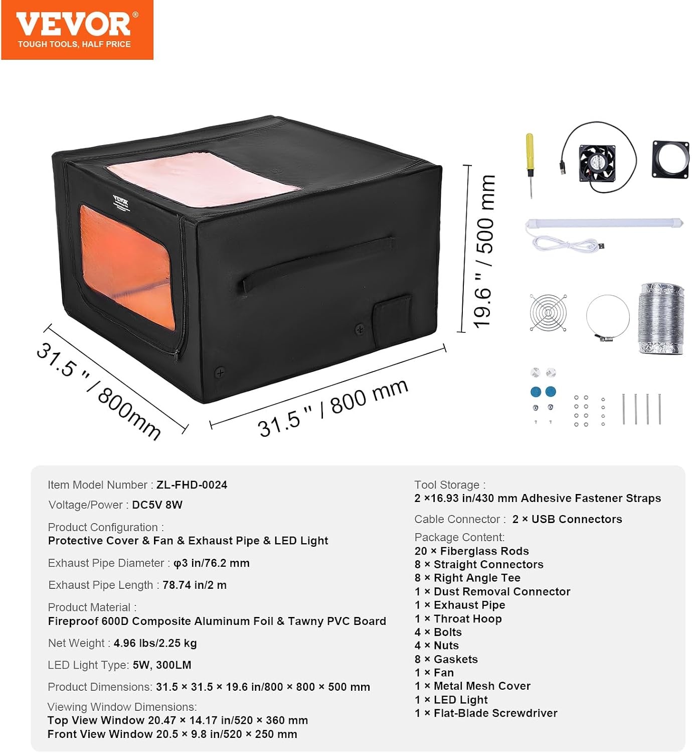 VEVOR Lasergraveermachine behuizing, 80 x 80 x 50 cm, laserbehuizing, zicht in twee richtingen, vlamvertragende en vuurvaste beschermhoes, met afvoerventilator en -buis, isoleert rook, lawaai en