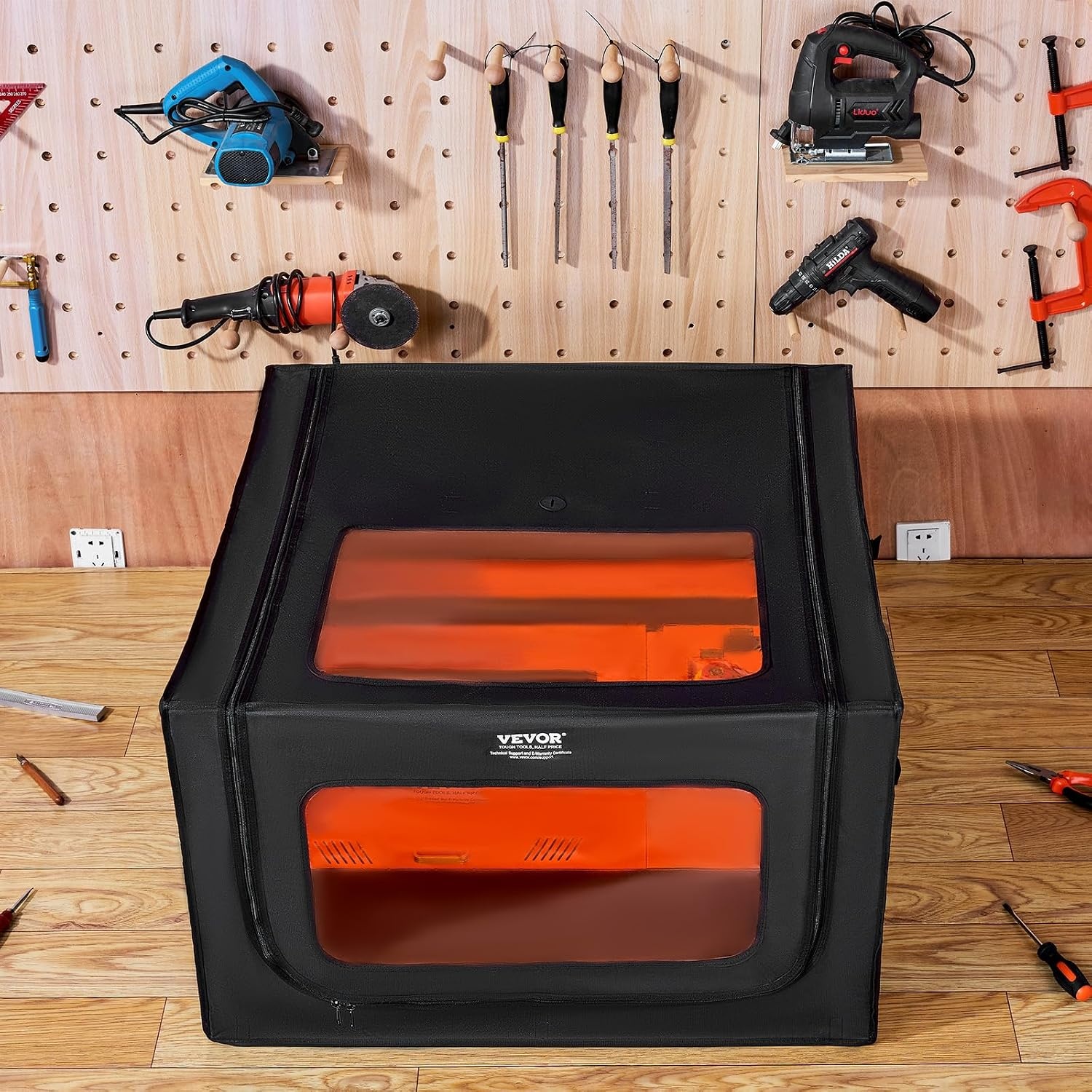VEVOR Lasergraveermachine behuizing, 80 x 80 x 50 cm, laserbehuizing, zicht in twee richtingen, vlamvertragende en vuurvaste beschermhoes, met afvoerventilator en -buis, isoleert rook, lawaai en