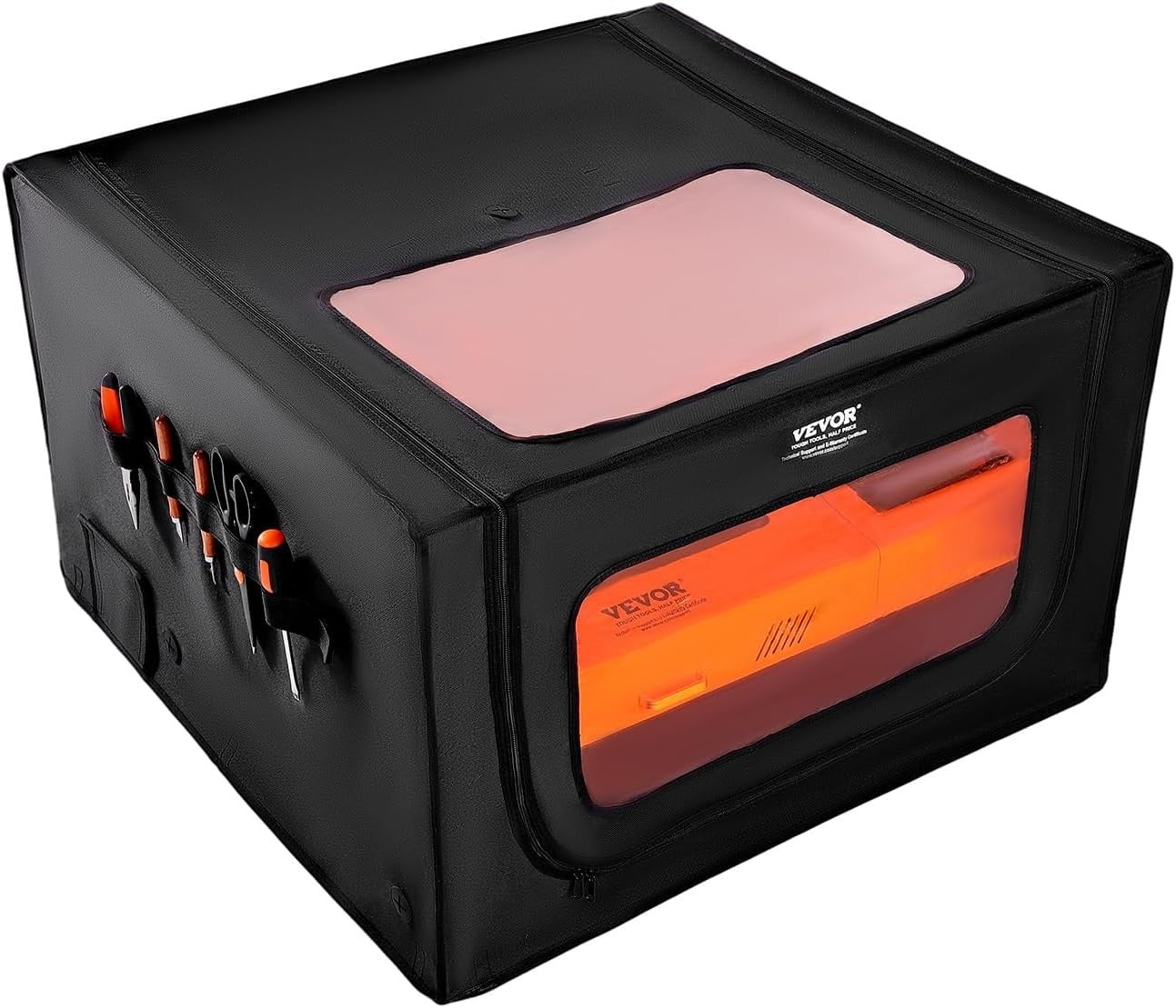 VEVOR Lasergraveermachine behuizing, 80 x 80 x 50 cm, laserbehuizing, zicht in twee richtingen, vlamvertragende en vuurvaste beschermhoes, met afvoerventilator en -buis, isoleert rook, lawaai en
