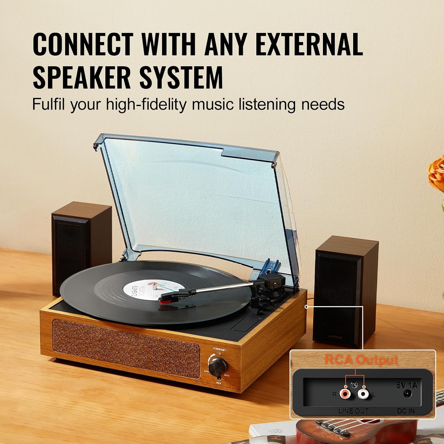 VEVOR Vinylplatenspeler, 3 snelheden, geïntegreerde stereo-luidsprekers 3 W, riemaandrijving, magneetcartridge, ondersteuning 33/45/78 omwentelingen aan RCA-uitgang, voor 18/25/30 cm vinylplaten