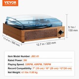 VEVOR Vinylplatenspeler, 3 snelheden, geïntegreerde stereo-luidsprekers 3 W, riemaandrijving, magneetcartridge, ondersteuning 33/45/78 omwentelingen aan RCA-uitgang, voor 18/25/30 cm vinylplaten