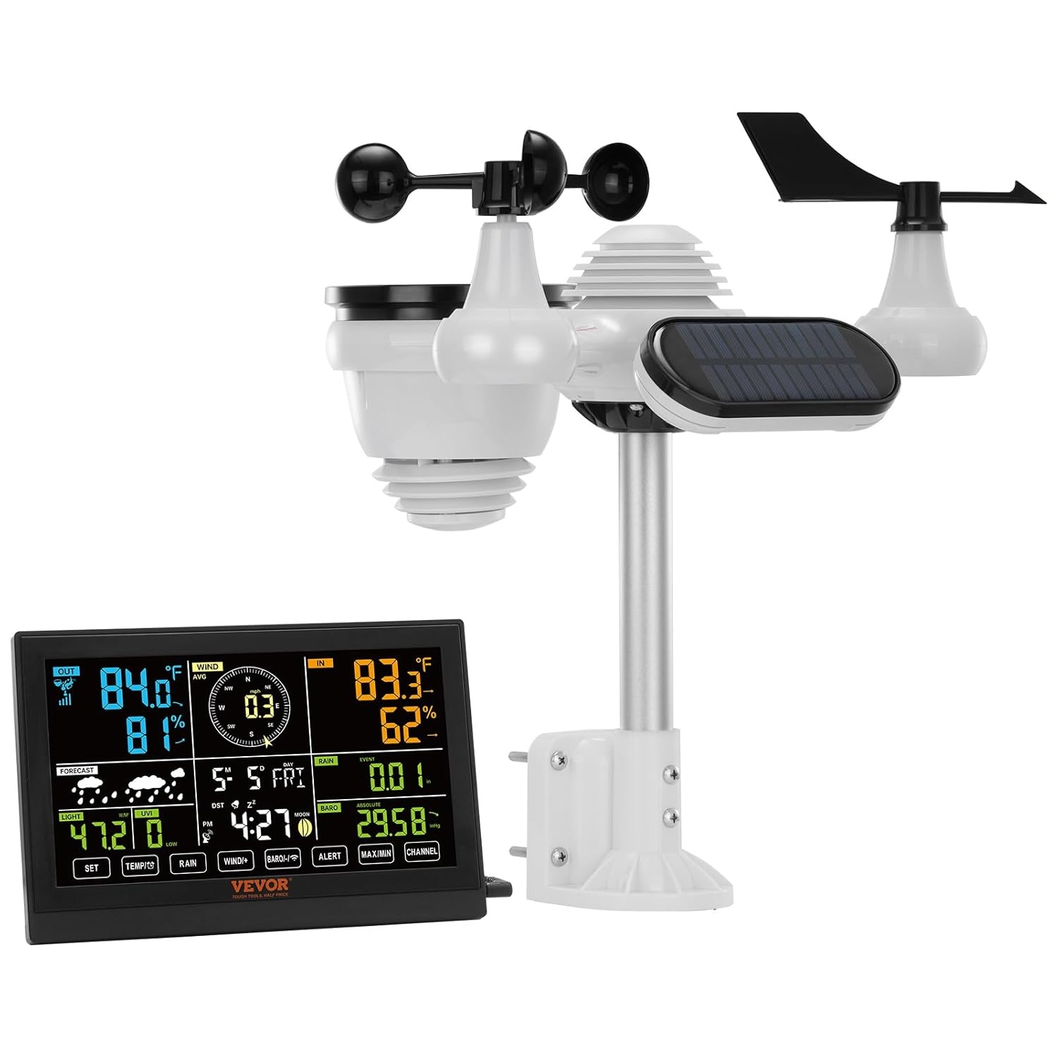 VEVOR Weerstation voor binnen en buiten, draadloos, 7-in-1, groot kleurendisplay, 7,5 inch, digitaal weerstation, voorspellende gegevens, alarm voor temperatuur, vochtigheid, snelheid, richting, wind,
