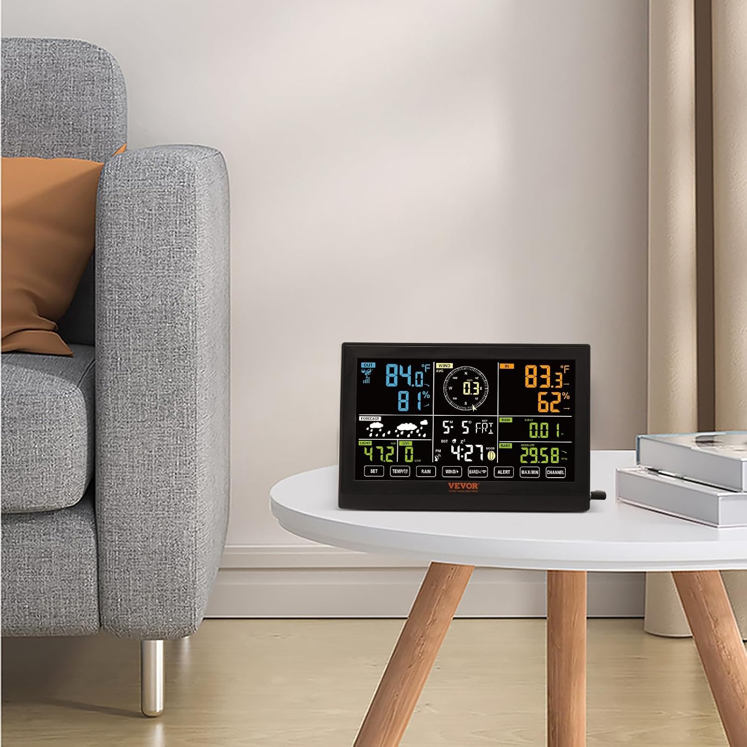 VEVOR Weerstation voor binnen en buiten, draadloos, 7-in-1, groot kleurendisplay, 7,5 inch, digitaal weerstation, voorspellende gegevens, alarm voor temperatuur, vochtigheid, snelheid, richting, wind,