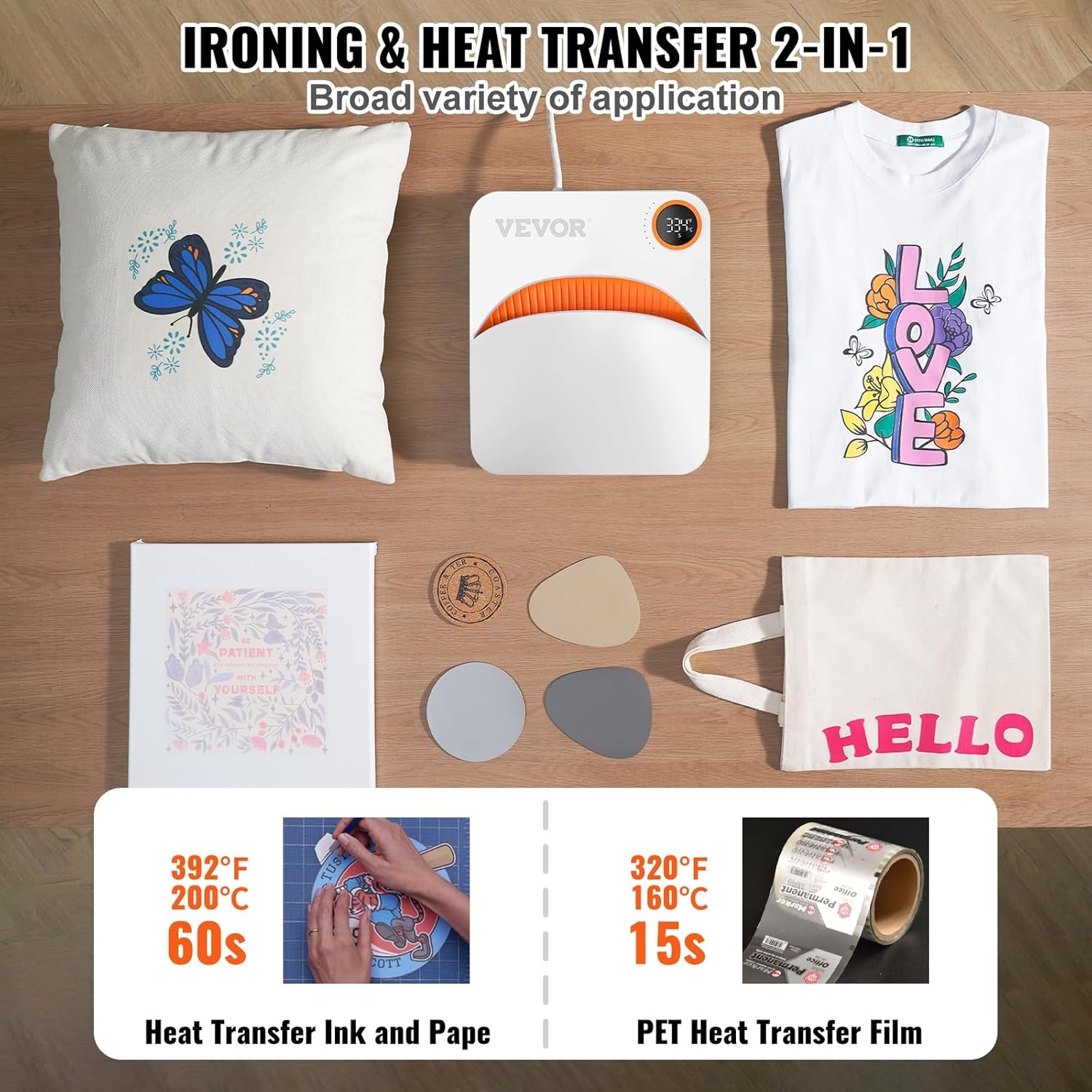 VEVOR Heat Press 200 x 168 x 77 mm Portable Multifunction Sublimation Heat Transfer Teflon Coated Shirt Printing Machine for Bags/T-Shirts/Cushions Vinyl Projects