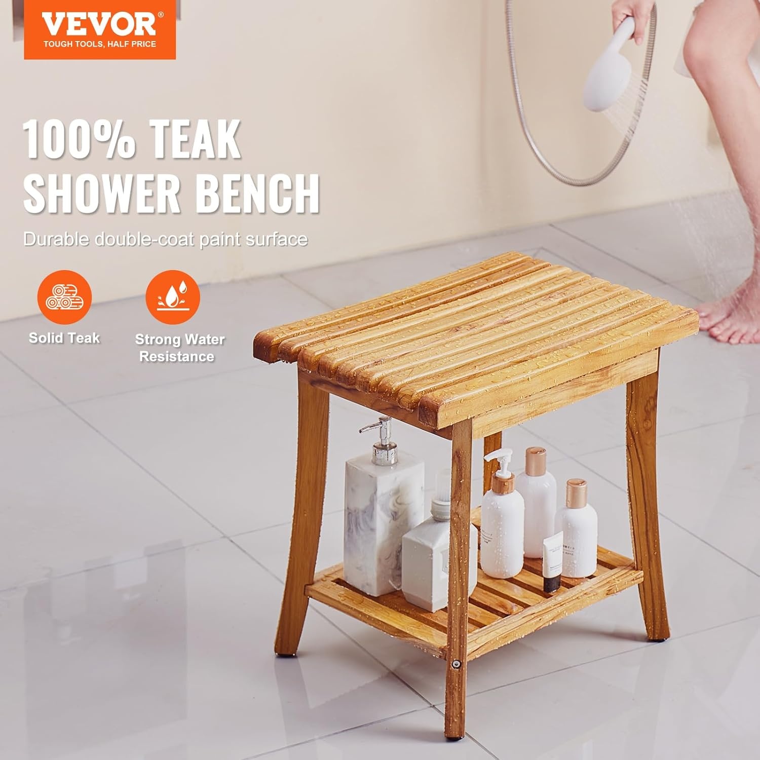 VEVOR Teakhouten douchebank, waterdicht, met opbergrek, antislip voetkussens, maximale belasting 180 kg, voor binnen en buiten, 500 x 363 x 455 mm