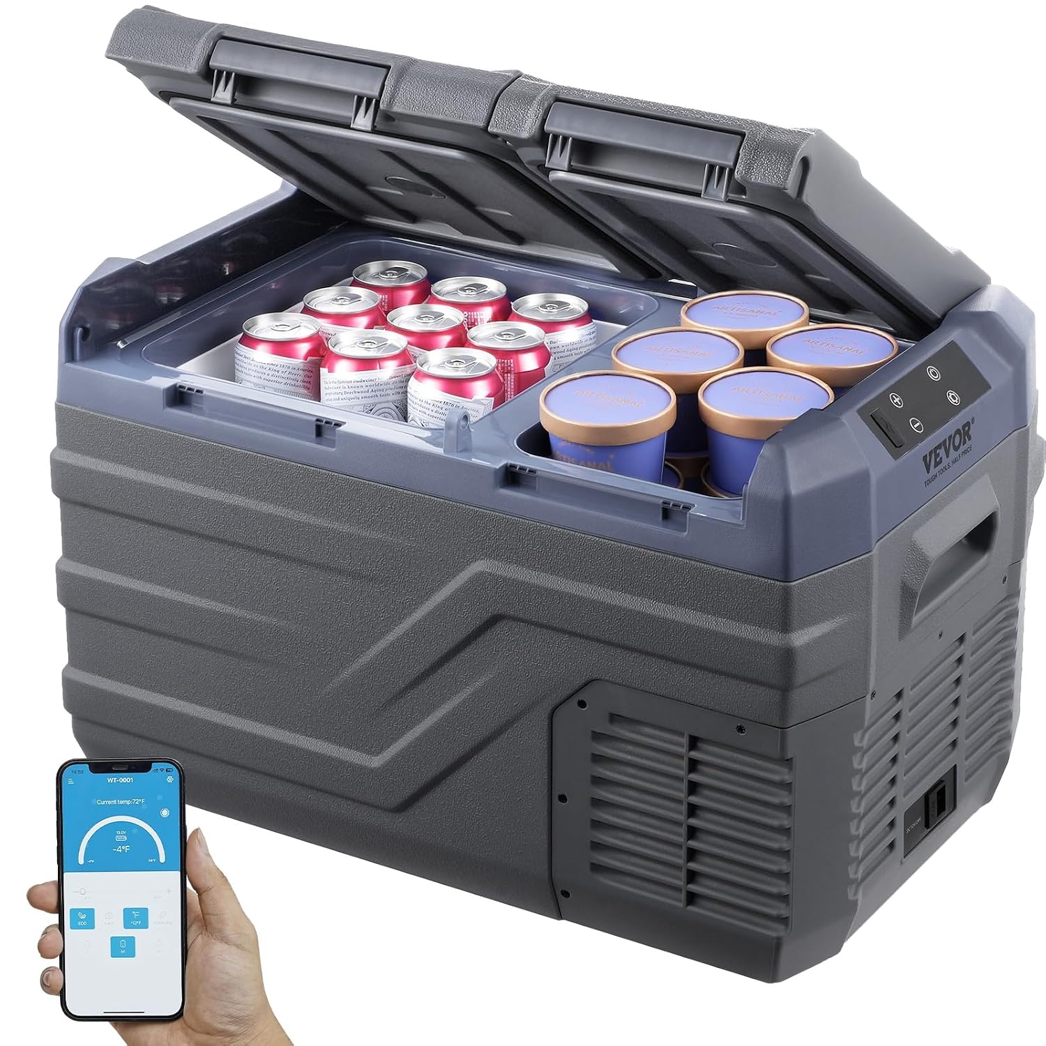 VEVOR NLS35, 12 Volt Auto Koelkast Koelkast, 25 liter (26.4qt) Dual Zone Draagbare Vriezer, -4 °F -46 °F Verstelbaar bereik, 12/24V DC en 100-240V AC Compressor Koeler voor Buiten, Camping, RV, Grijs