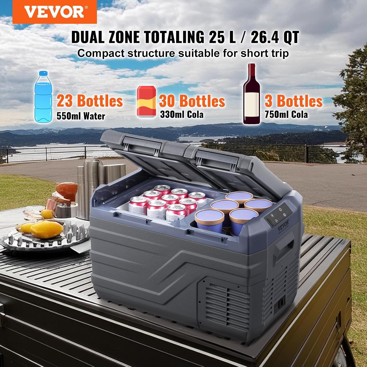 VEVOR NLS35, 12 Volt Auto Koelkast Koelkast, 25 liter (26.4qt) Dual Zone Draagbare Vriezer, -4 °F -46 °F Verstelbaar bereik, 12/24V DC en 100-240V AC Compressor Koeler voor Buiten, Camping, RV, Grijs