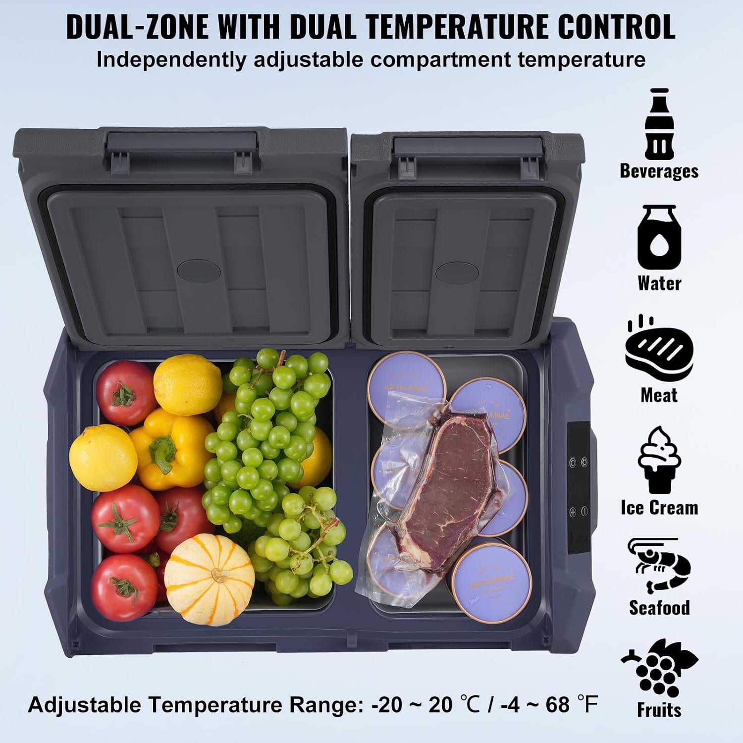 VEVOR NLS35, 12 Volt Auto Koelkast Koelkast, 25 liter (26.4qt) Dual Zone Draagbare Vriezer, -4 °F -46 °F Verstelbaar bereik, 12/24V DC en 100-240V AC Compressor Koeler voor Buiten, Camping, RV, Grijs
