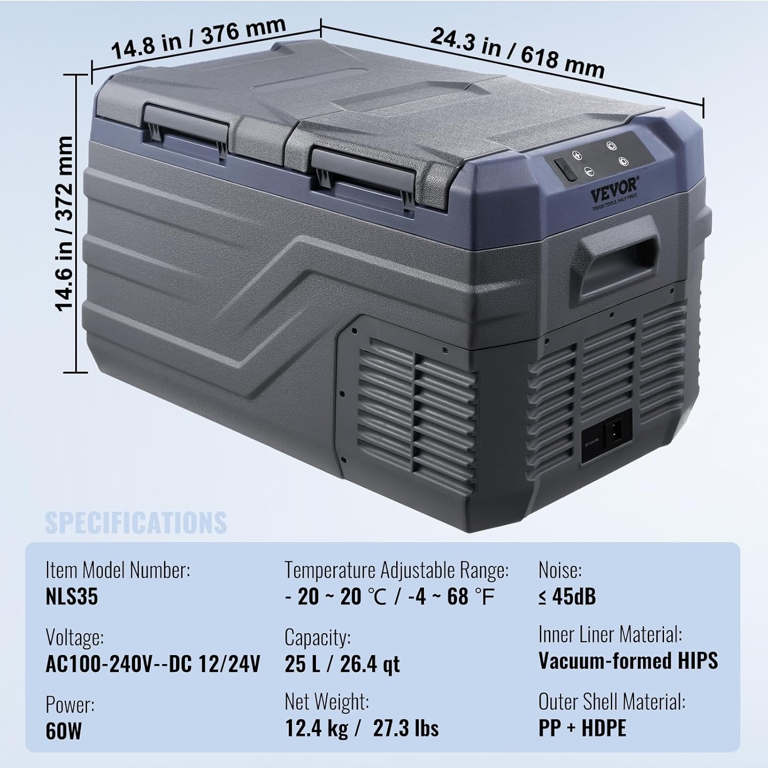 VEVOR NLS35, 12 Volt Auto Koelkast Koelkast, 25 liter (26.4qt) Dual Zone Draagbare Vriezer, -4 °F -46 °F Verstelbaar bereik, 12/24V DC en 100-240V AC Compressor Koeler voor Buiten, Camping, RV, Grijs