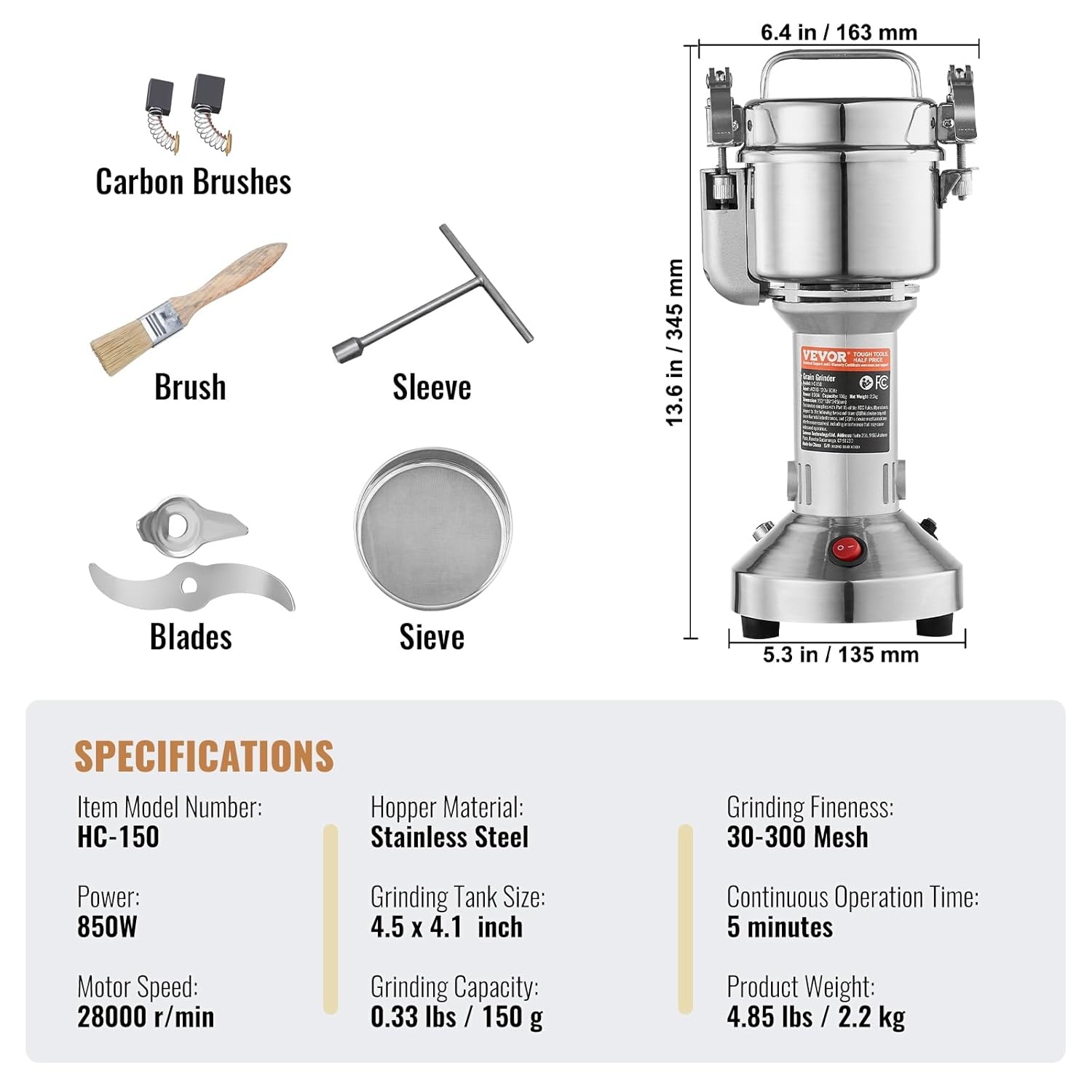 VEVOR Elektrische molen voor granen, 150 g, commerciële kruidenmolen, hoge snelheid, 850 W, roestvrijstalen poedermachine, voor droge granen, specerijen, koffie, maïs, peper, oscillerend type